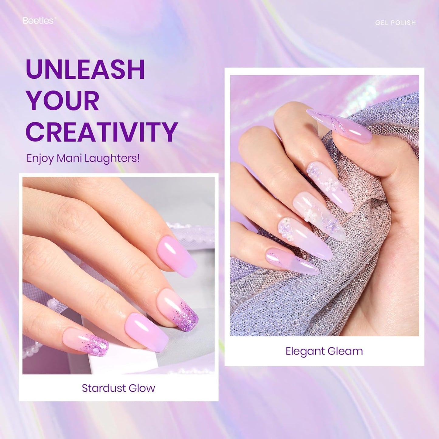 Beetles Purple Gel Nail Polish Set, 6 Color Spring Purple Shimmer Pearl Jelly Gel Polish with Nail Brush Soak Off LED Lamp Swirl Shell Thread Effect DIY Manicure Gifts for Mom