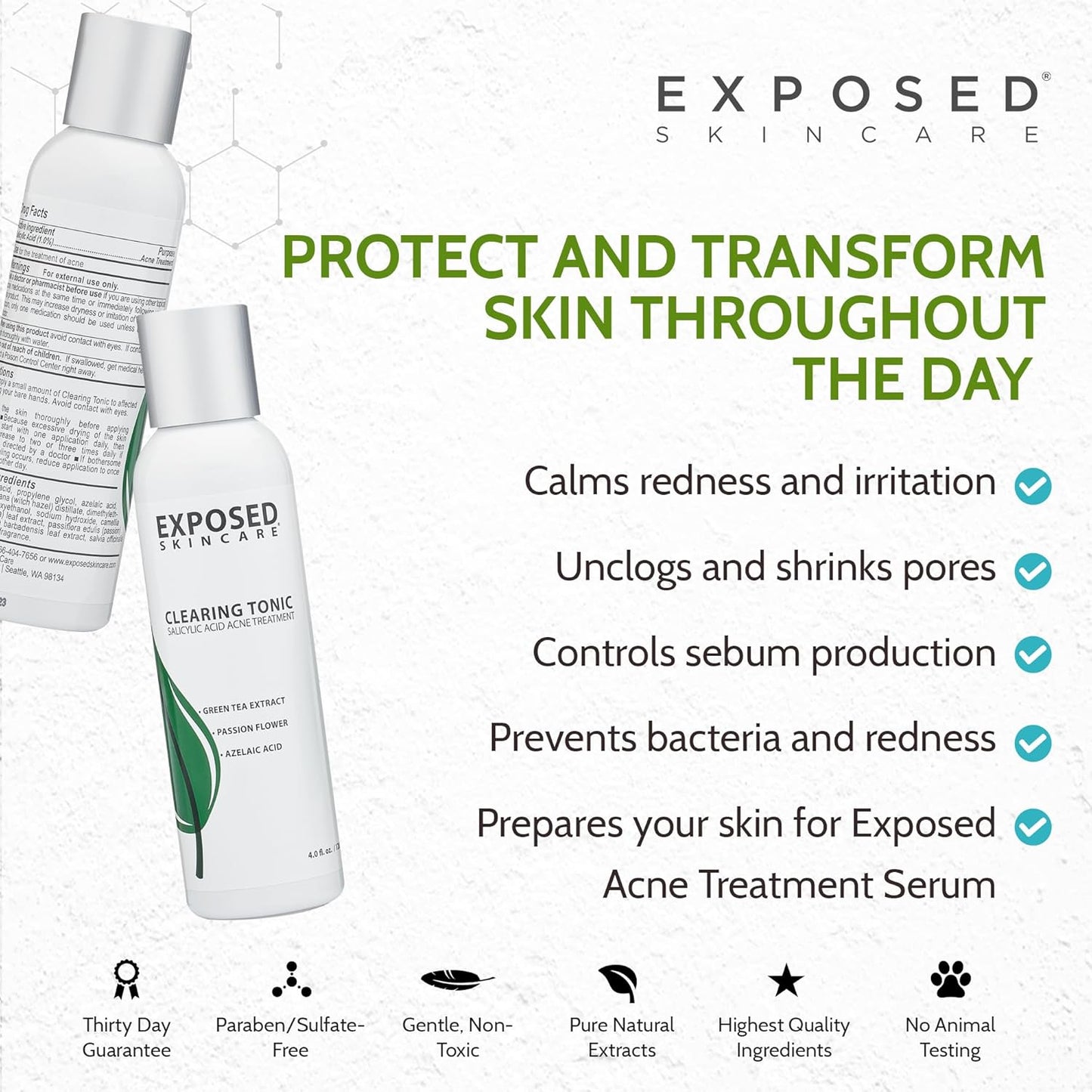 Exposed Skin Care Clearing Tonic Facial Toner with 1% Salicylic Acid and Witch Hazel for Acne Treatment – Pore Minimizing Toner to Prevent Breakouts, Reduce Redness and Balance Skin – Step 2 (4 fl oz)