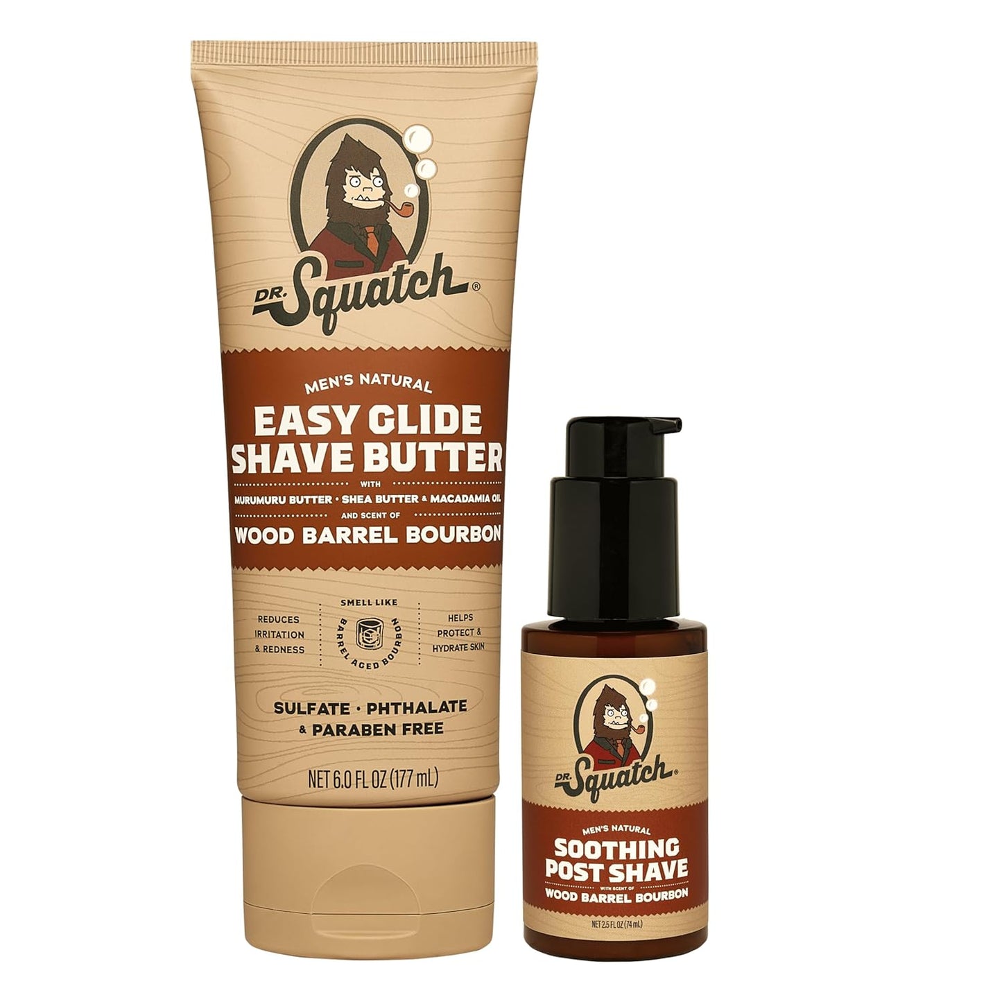 Dr. Squatch Wood Barrel Bourbon Smooth Shave Bundle - Easy Glide Butter + Soothing Post Shave - Natural Ingredients - Manly Fragrance - Moisturizing