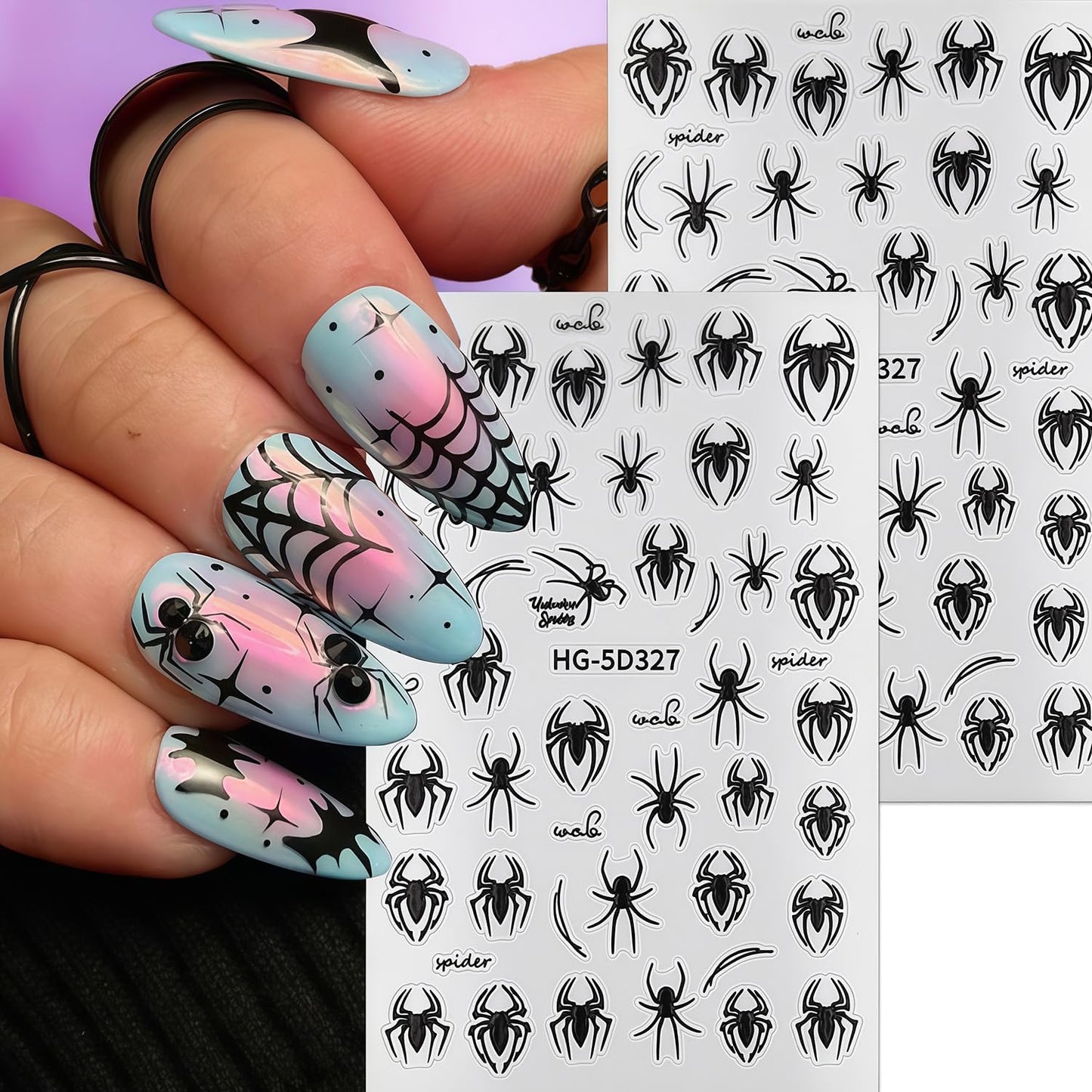 8 Sheets Halloween Nail Art Stickers Spider Nail Decals 3D Self-Adhesive Black and White Spider Web Spiders Nail Sticker Halloween Holiday DIY Salon Manicure Decoration Stickers for Women
