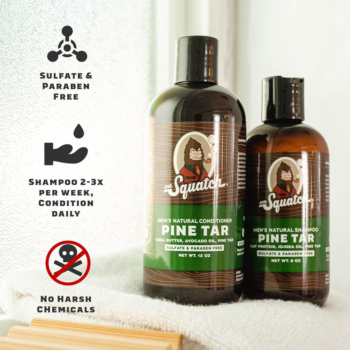 Dr. Squatch Natural Hair Bundle for Men - Healthy, Full Looking Hair - Pine Tar Shampoo (8 fl oz), Pine Tar Conditioner (11.5 fl oz)