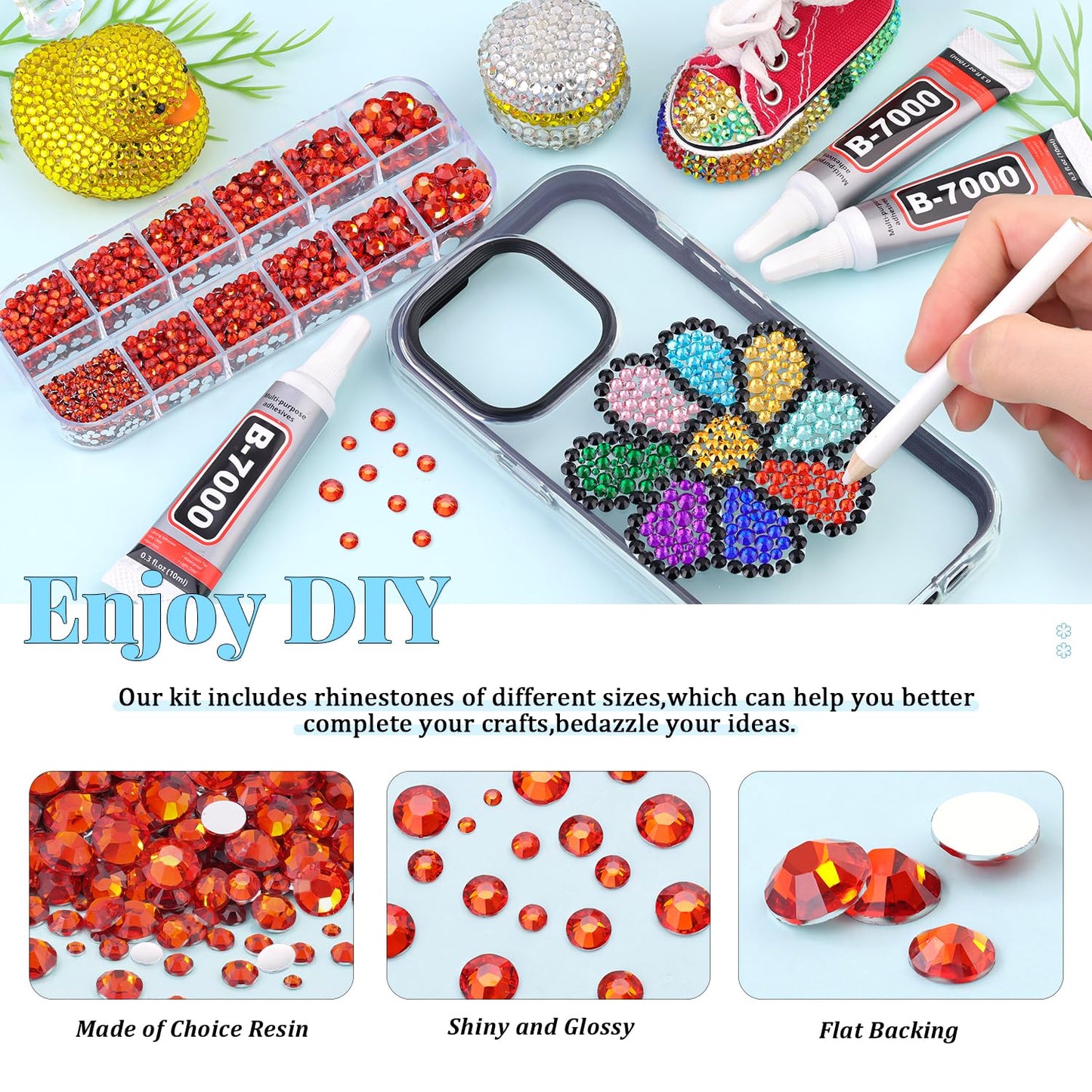 6000Pcs Resin Rhinestones for Bedazzling with 3Pcs B7000 Jewelry Glue, 1 Box Red Zircon Flatback Rhinestones for Crafting Crafts DIY, Crystals Gems for Clothing Shoes Tumblers Nail Art Makeup