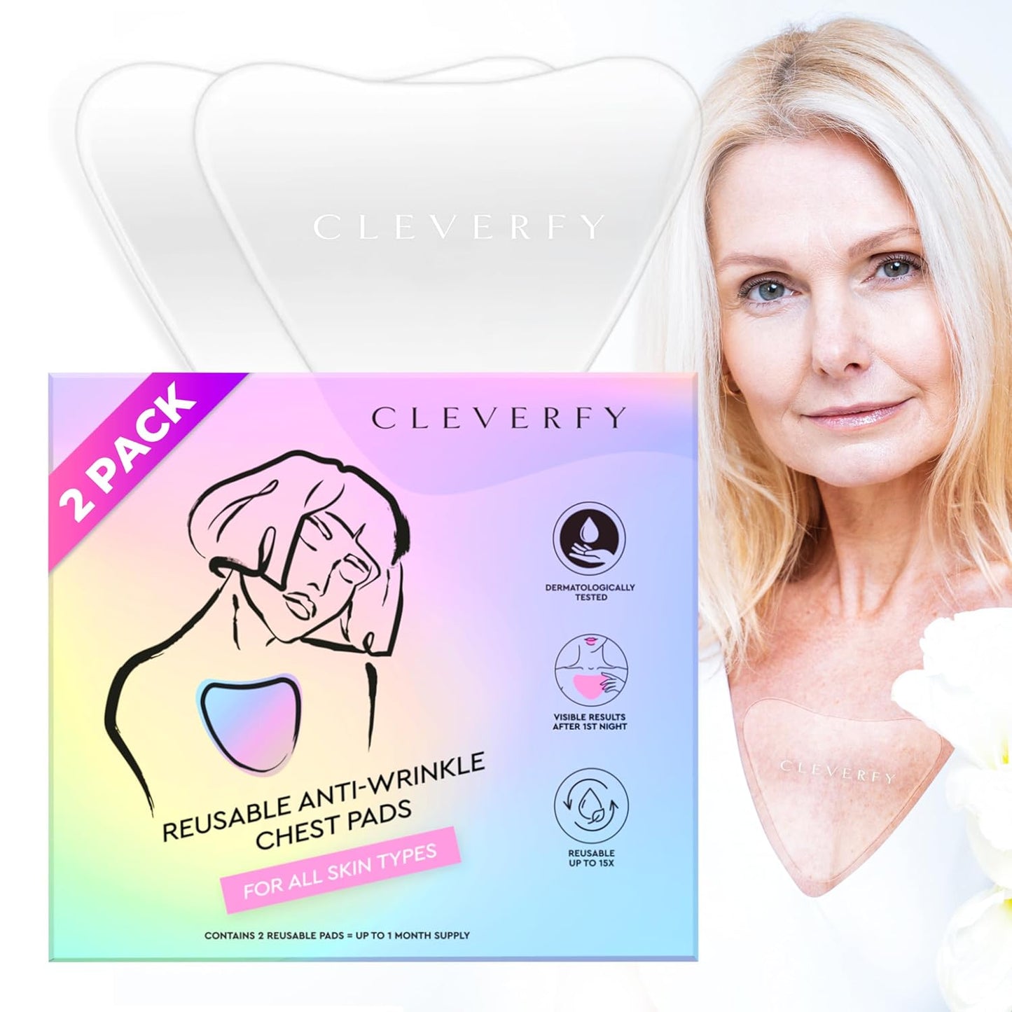 CLEVERFY Silicone Chest Wrinkle Pads Sleeping Reusable (2 Pack V-shape) - Decollete Anti Wrinkle Chest Pads - Silicone Patches for Wrinkles - Anti Wrinkle Patches for Decollete Wrinkle Prevention