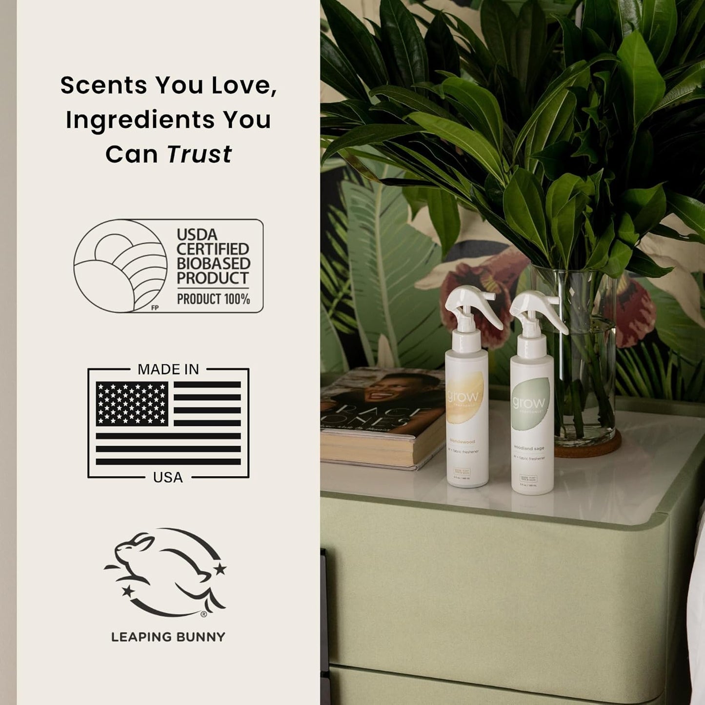 Grow Fragrance 100% Plant-Based Air Freshener Spray | Freshen Fabric & Rooms | Golden Grove, Woodland Sage, Blondewood Scents | Made with Natural Essential Oils - Variety 3 Pack, 5 oz each