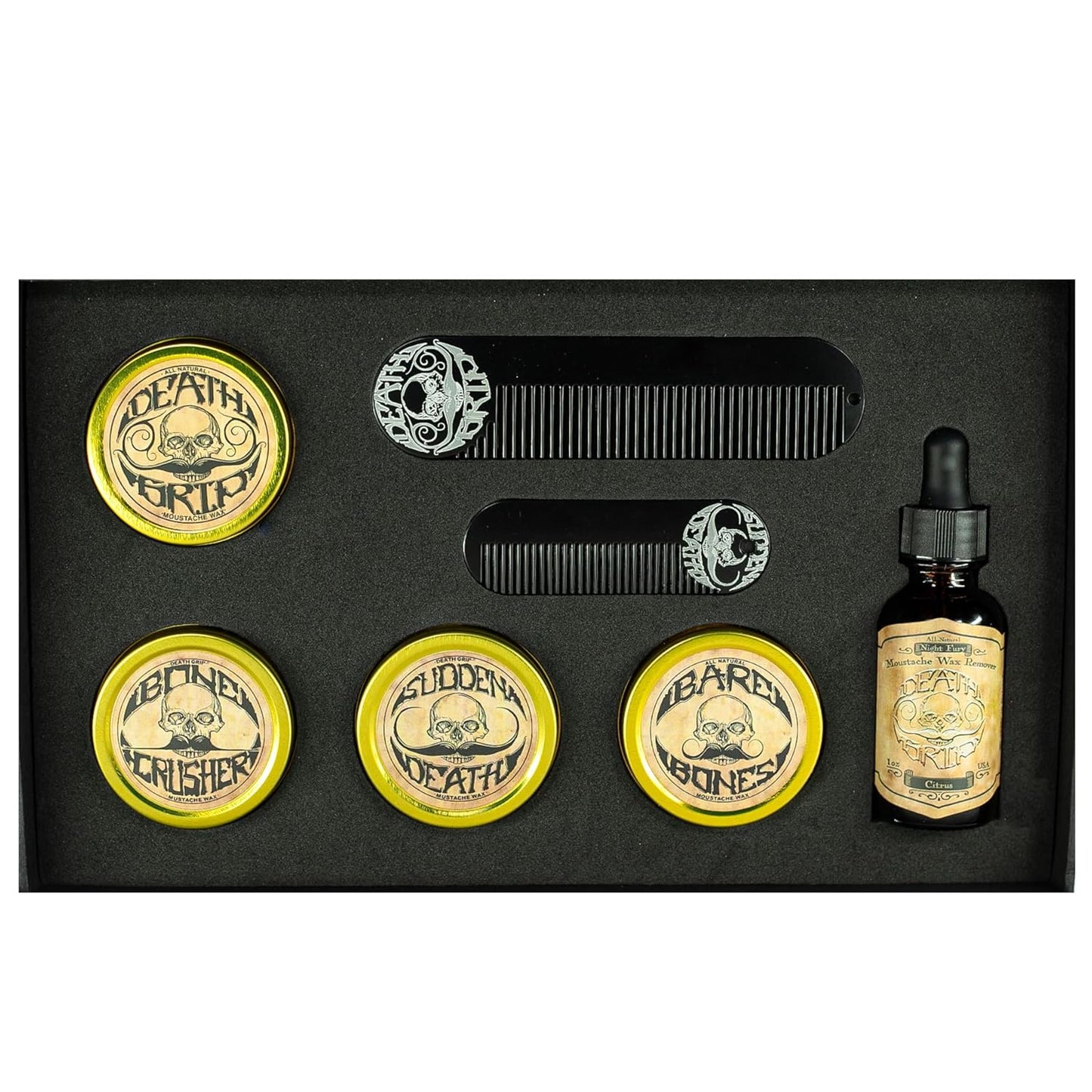 Gold Standard Mustache Kit - 4 One Ounce Mustache Wax, 2 Combs, 1 Night Fury Mustache Wax Remover Oil
