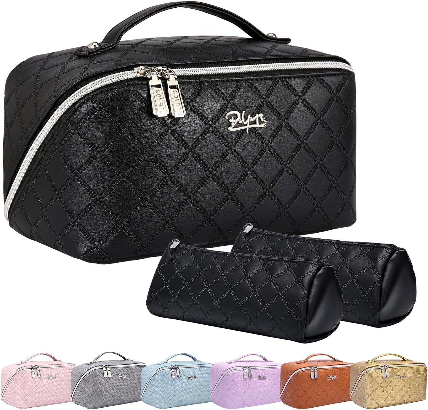 BOYATU Travel Makeup Bags Cosmetic Organizer Bag: 3-Set Large Capacity Make up Bag - PU Leather Toiletry Bags for Women - Wide Open Portable Pouch with Divider & Handle (07-Black 6)
