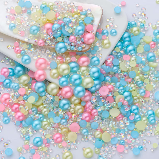60g Cyan Citrine Pearl Rhinestones for Crafts Mixed Size 3mm-10mm AB Color Round Half Pearls Flatback Pearl Beads and Resin Rhinestones Set for Face Art with Gel