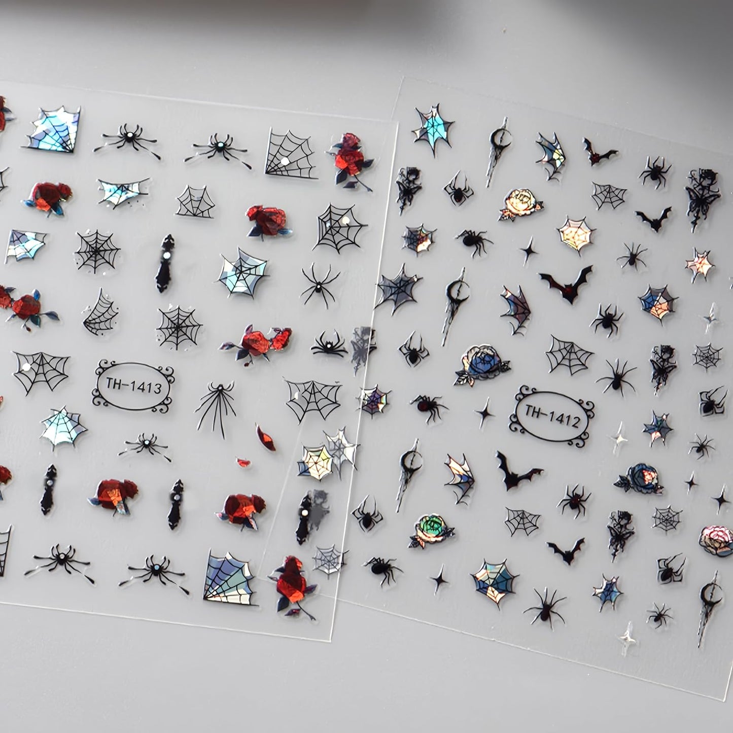 6 Sheets Halloween Colorful Nail Art Stickers 3D Glitter Spider Web Spider Nail Stickers Black Bat Scorpion Designs Nail Decals Shiny Red Rose Nail Decals for Women Halloween Party Nail Decor Kits