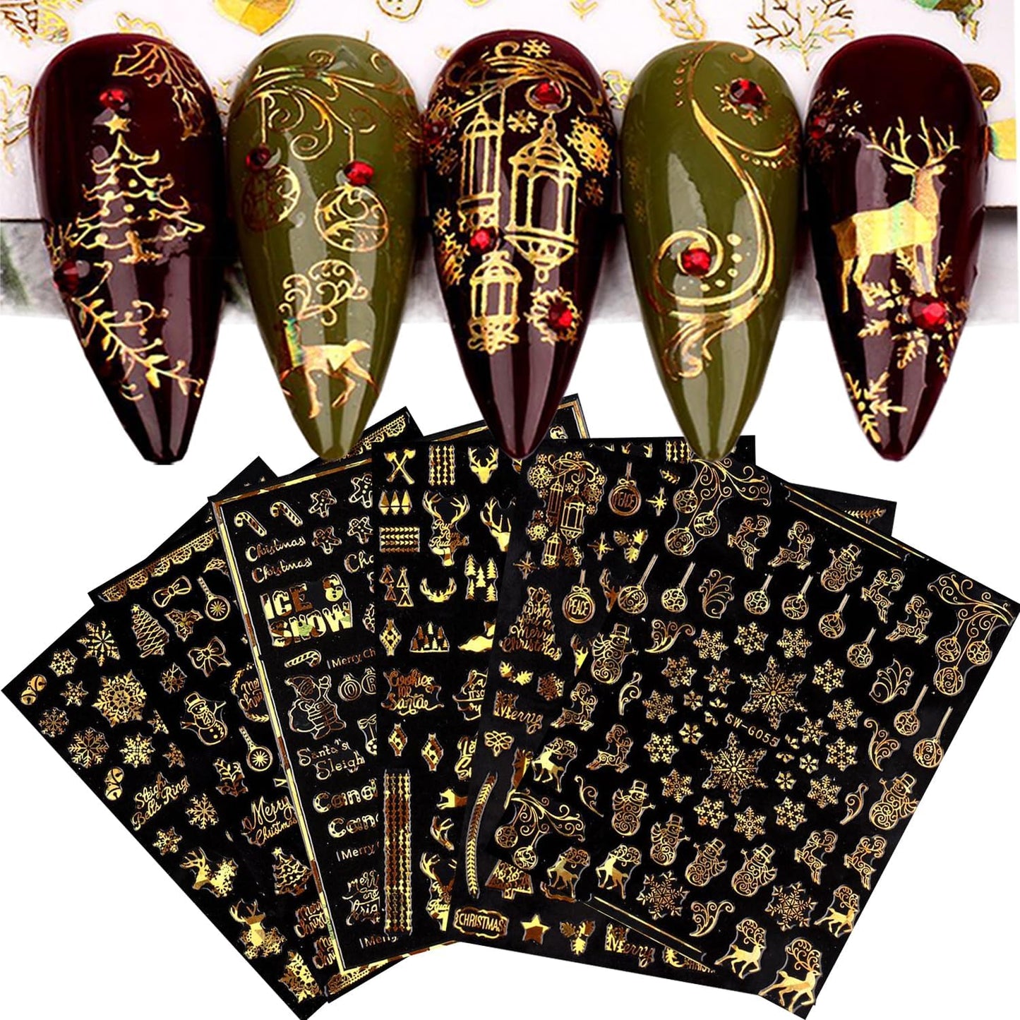 9 Sheets Christmas Nail Art Stickers Decals Self-Adhesive Pegatinas Uñas Holiday Glod Laser Snowflakes Snowman Nail Supplies Nail Art Design Decoration Accessories