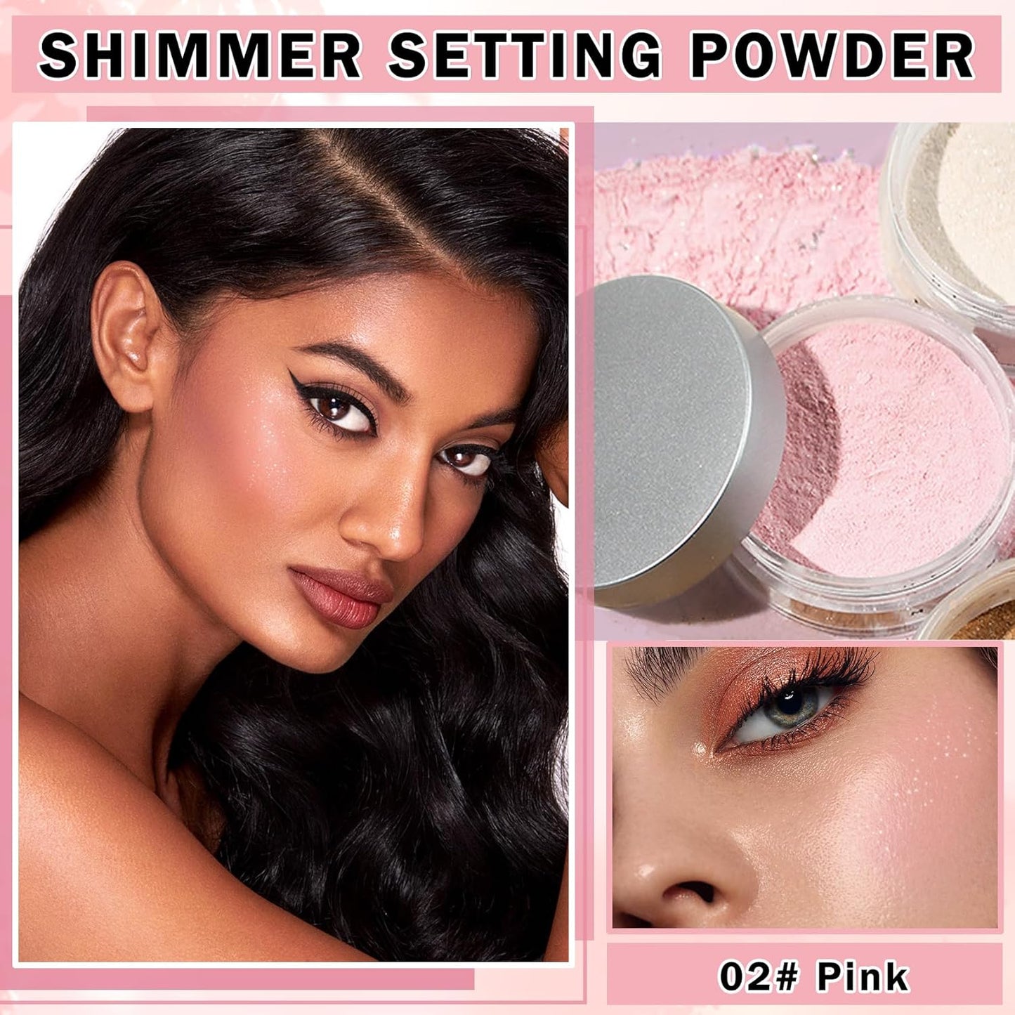 Pink Setting Powder Loose Powder Shimmer Finishing Powder Ultimate Blurring Setting Powder Long Lasting Oil Control Loose Face Powder for All Skin Tones-02 Pink