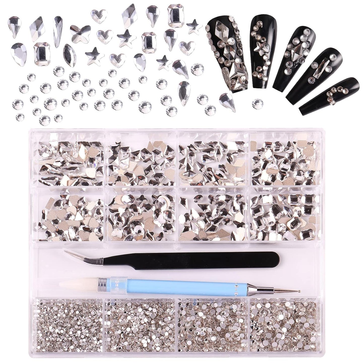3320Pcs White Nail Art Rhinestones Crystal,HOINCO 3D Rhinestones Gems Jewels Diamond,24 Types of 320 Diamonds + 3000 Round Beads, Crystals 3D Flat Back Gemstones for Nail DIY Crafts with Tweezers Pen