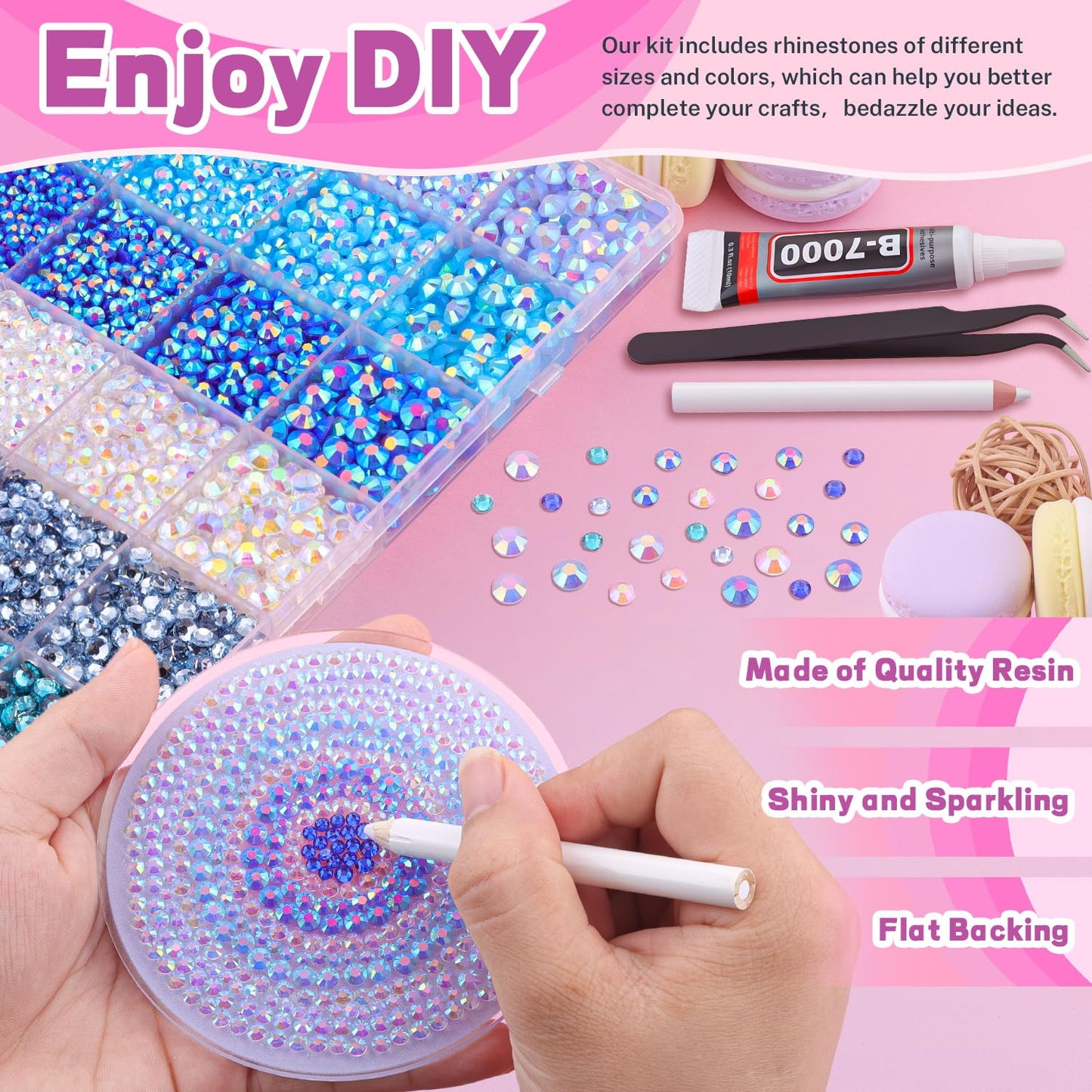 20000Pcs Blue Rhinestones for Bedazzling with 3Pcs B7000 Jewelry Glue, Resin Rhinestones for Crafting Crafts，Bedazzler Kit Flatback Gems for Clothing Shoes Tumblers Nail Art