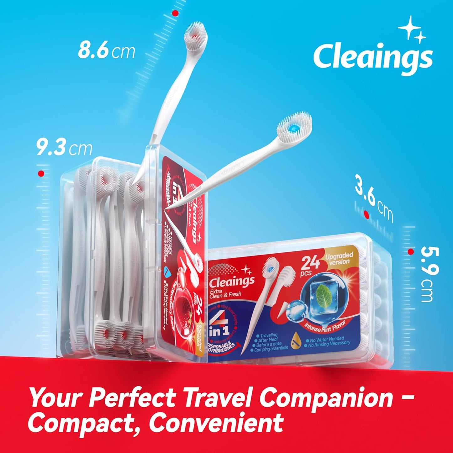 cleaings® Mini Disposable Toothbrush Set with Toothpaste – Travel Essentials, Portable Toothbrush for Women & Men, Camping, Road Trip, Vacation, 24 Count-Ice Strawberry Flavor（Pack of 5）