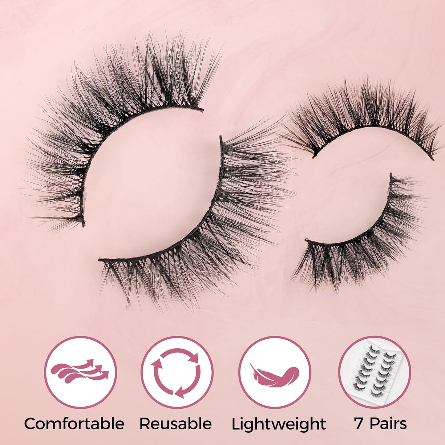 Fluffy Wispy Eyelashes 7 Pairs Natural Look Faux Mink Strip lashes, Lightweight D Curl Cat Eye Fake Lashes for Daily Wear, Reusable Eye Makeup Set