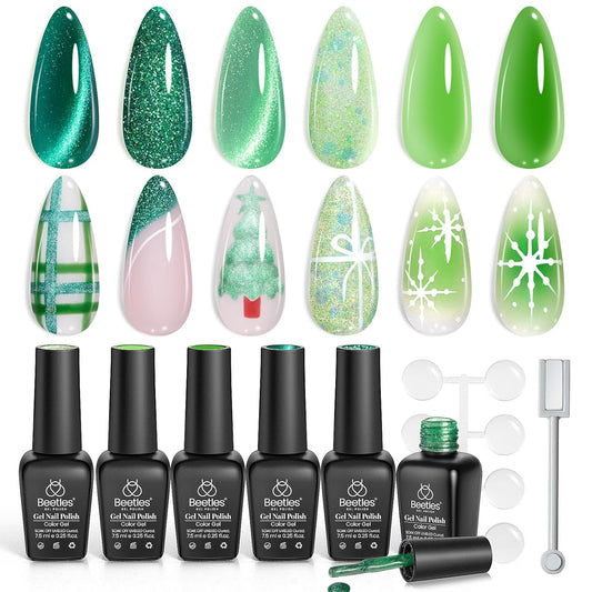 beetles Gel Polish Christmas Green Gel Nail Polish Set Cat Eye Jelly with Color Swatch Dots Magnet 6 Color Glitter Enchanted Forest Theme for Salon Manicure Nail Art DIY at Home Gift for Women Girls