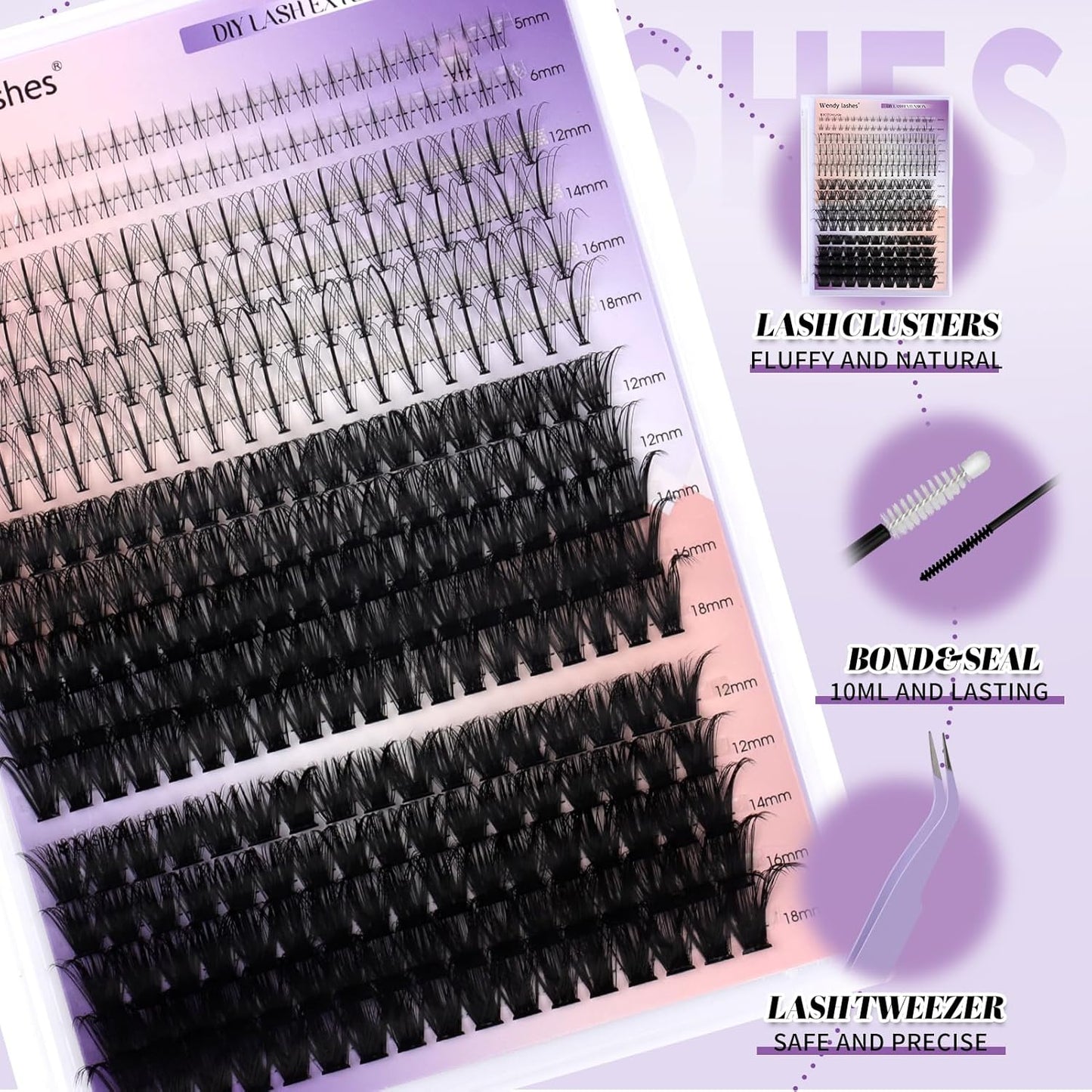 DIY Natural Lash Clusters Kit,Individual False Eyelashes Wispy Cluster Eyelash Extensions 12-18mm Mixed D/3D Curl Eyelash Clusters Kit with Lash Bond and Seal,Lash Tweezers for Self Use(D-60/80D Kit)