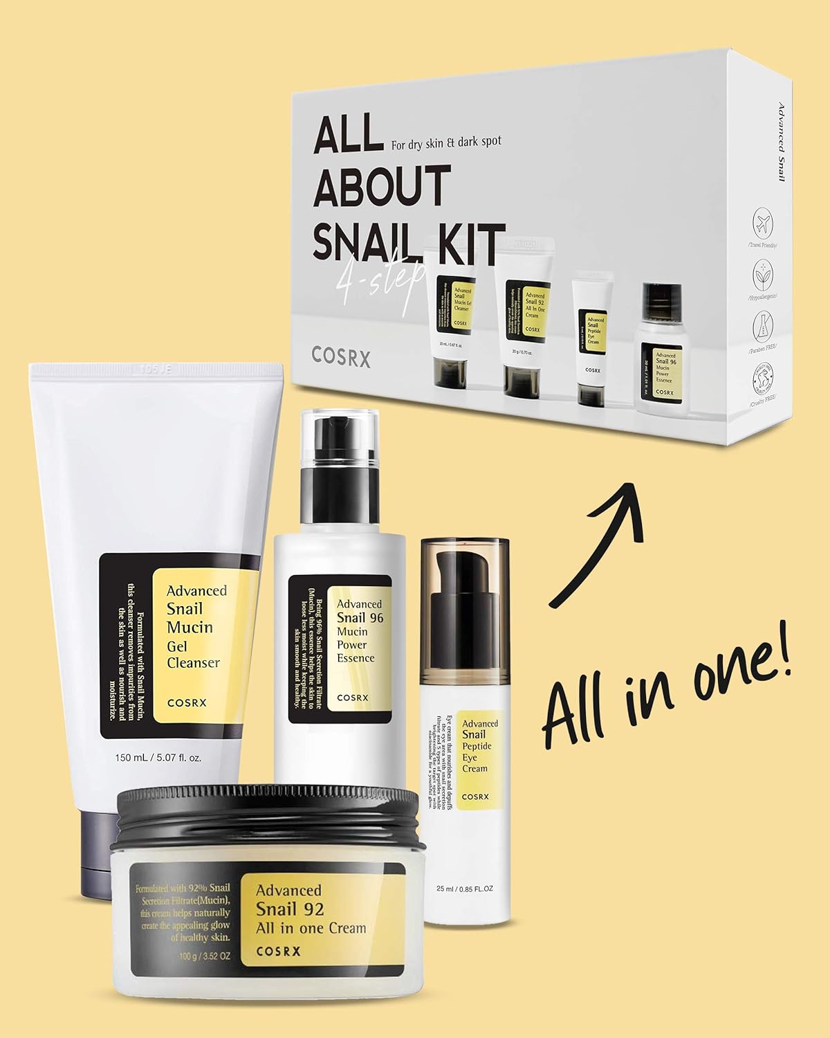 COSRX All About Snail Korean Skincare | TSA Approved Travel Size, Gift Set with Face Gel Cleanser, Essence, Cream & Eye-cream, Repairing, Recovering, Rejuvenating Kit with Snail Mucin, Korean Skincare