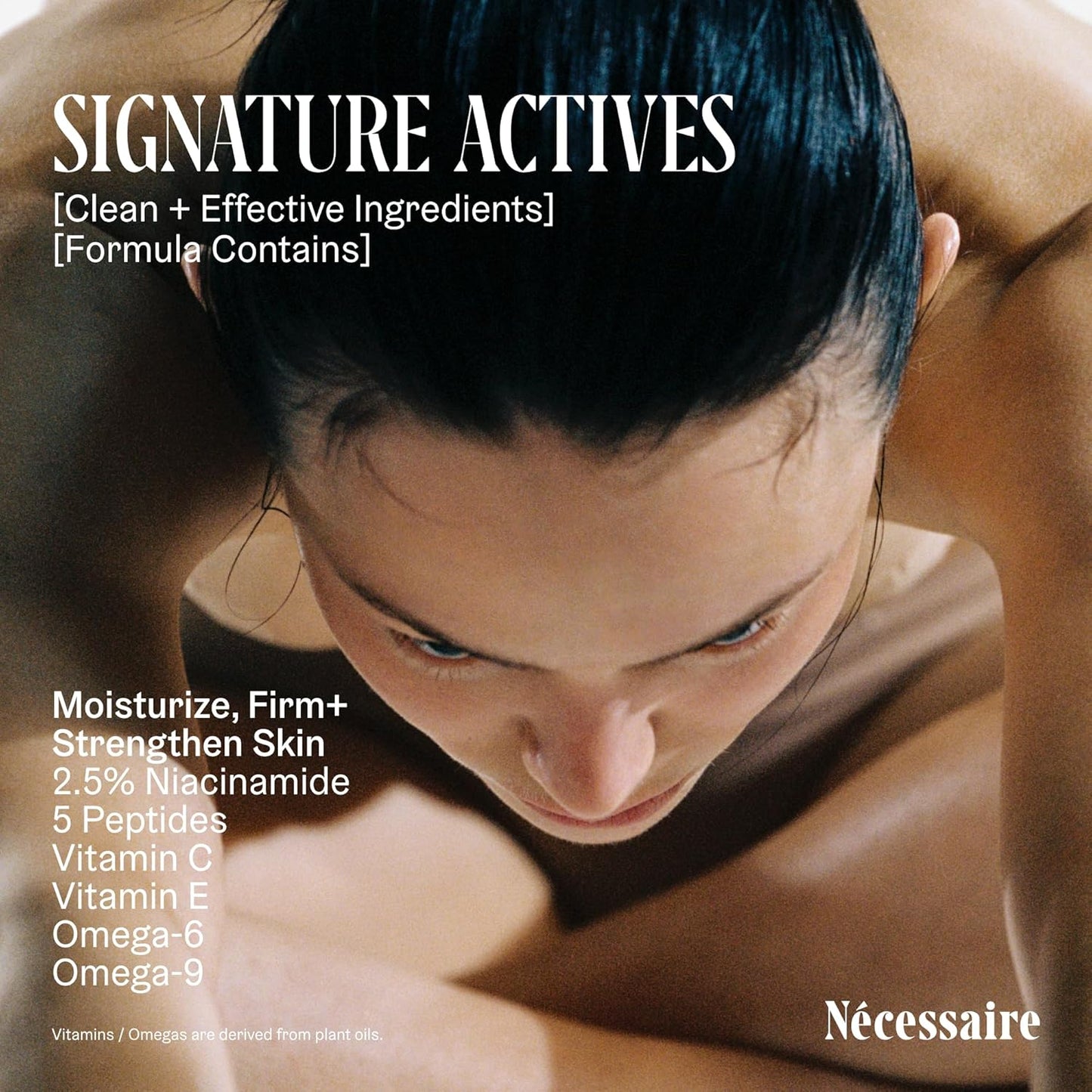 Nécessaire The Body Lotion with Pump. Olibanum. Multi-Peptide Firming to Moisturize + Strengthen. 2.5% Niacinamide, Vitamin C/E + Omega 6/9. Notes of Vanilla, Fig Leaf, & Cassis Buds. 450ml/15.2 fl oz