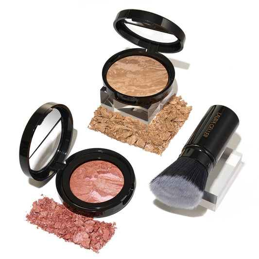 Blush-n-Glow Kit (3 PC): LAURA GELLER NEW YORK Baked Balance-N-Glow Illuminating CC Powder Foundation Golden Medium, Retractable Kabuki Brush, Baked Blush-N-Brighten Pink Grapefruit