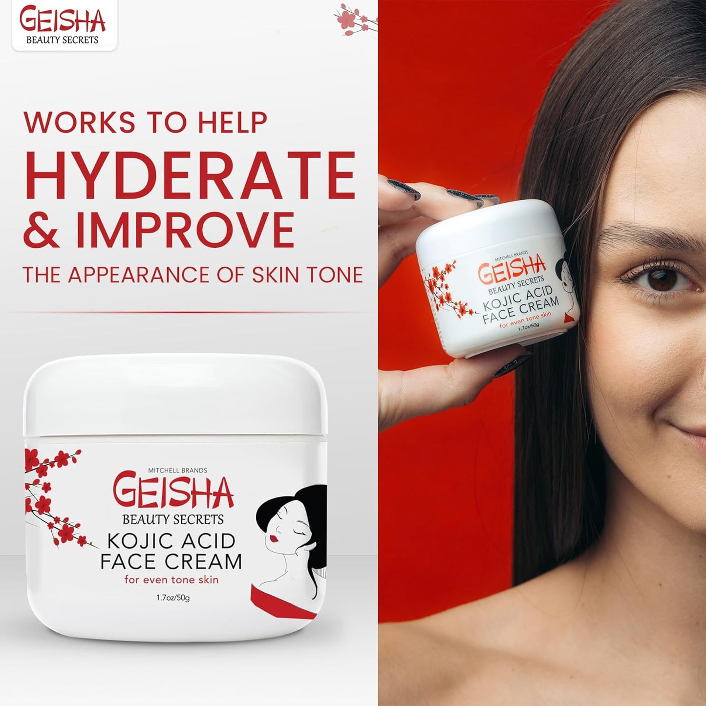 Geisha Kojic Acid Cream - 1.7 fl oz / 50 ml - Skin Brightening Cream for Face, Body, Hands - with Glycolic Acid