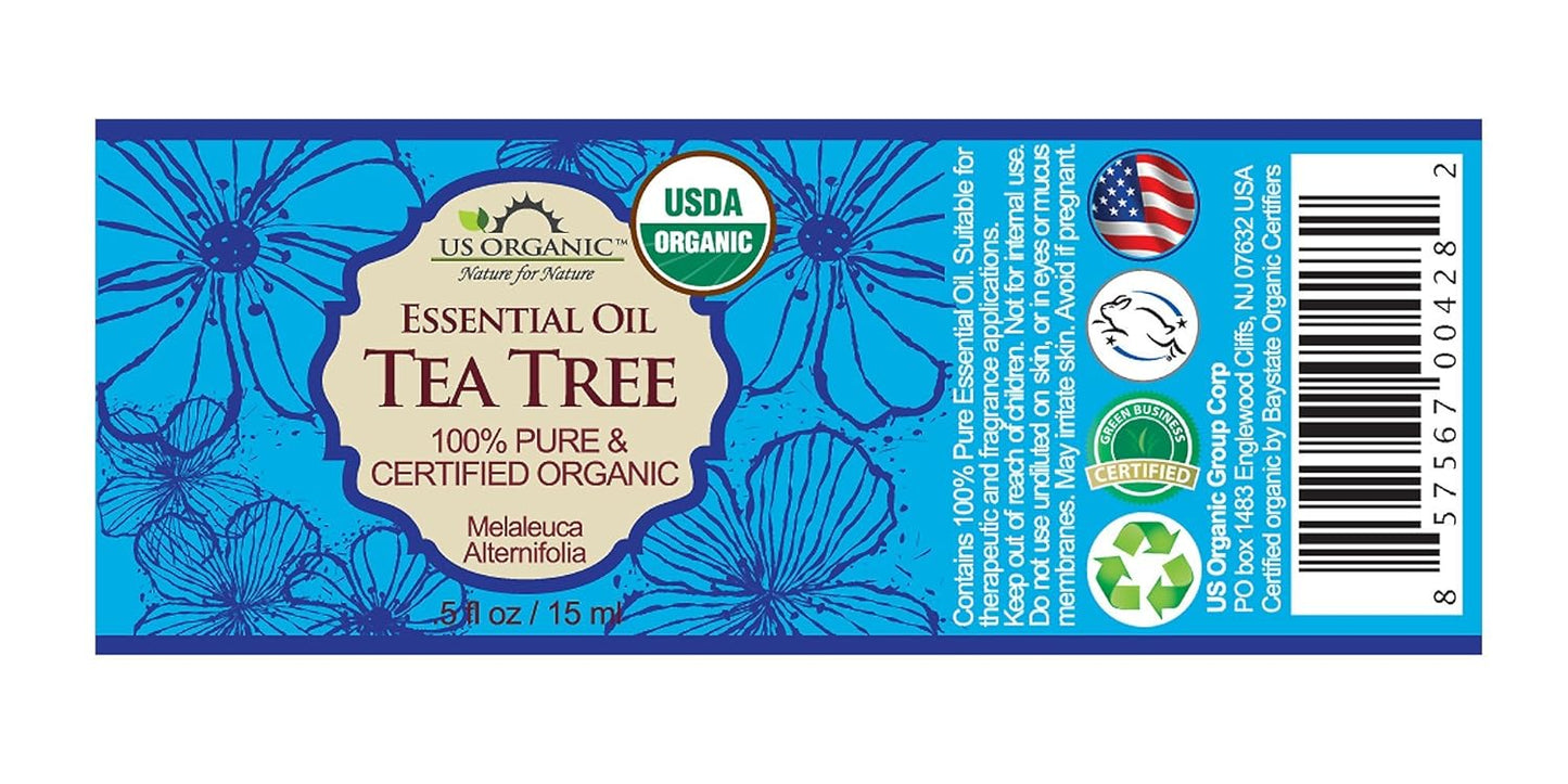 US Organic 100% Pure Tea Tree Essential Oil, Steam Distilled, USDA Certified Organic, for Hair, Skin, Scalp, Foot, Toenails, and More. Sourced from South Africa, Undiluted, Non-GMO (15 ml, 2 Pack)