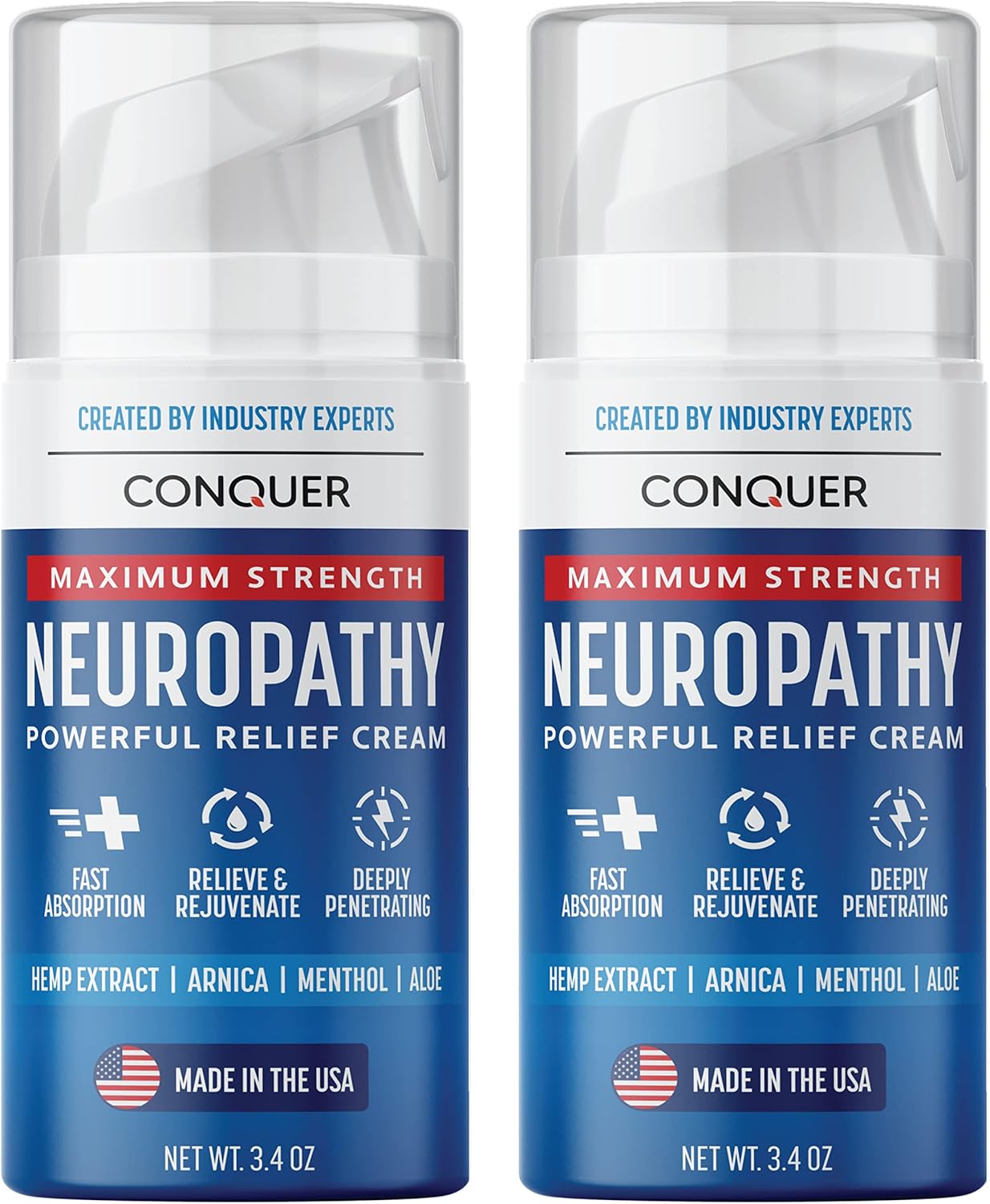 Conquer Neuropathy Cream - Powerful Relief Foot Cream for Neuropathy with Natural Arnica, Aloe Vera, Hemp Extract, Menthol - Maximum Strength Cooling & Soothing - 3.4oz Large Size (Pack of 2)
