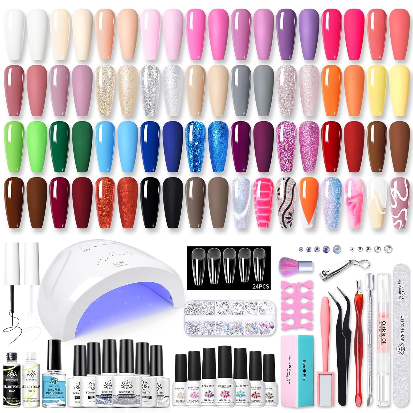 BORN PRETTY 77PCS Gel Nail Polish Starter Kit With U V/LED kit for Beginners 48W 32Colors Nude Pink Cat Magnetic Eyes Glitter Set Reflective Base Top Coat Liner Art Manicure Ideal Gifts