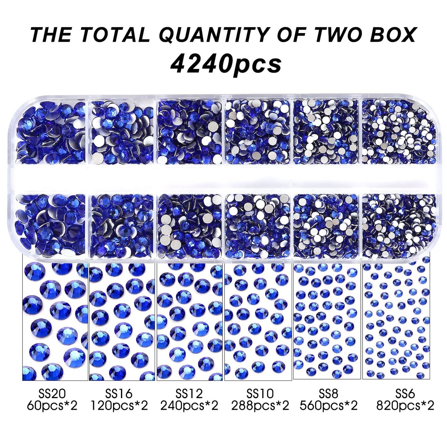 4240Pcs Flatback Royal Blue Rhinestones Glass Crystal Gems for Nail Art Face Jewels Glitter Round with Tweezers and Picking Pen (SS6~SS20 Set)