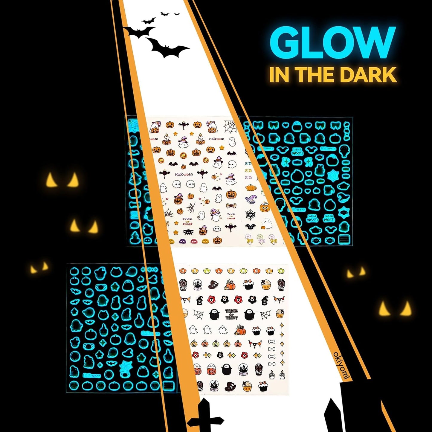 4 Sheets of 3D Halloween Nail Stickers - 316 Cute Nail Decals - Embossed Kawaii Nail Stickers for Kids | Cute Halloween Theme - Ghosts, Pumpkins, Bats, Spiders, Cats, Candy | Glow in The Dark