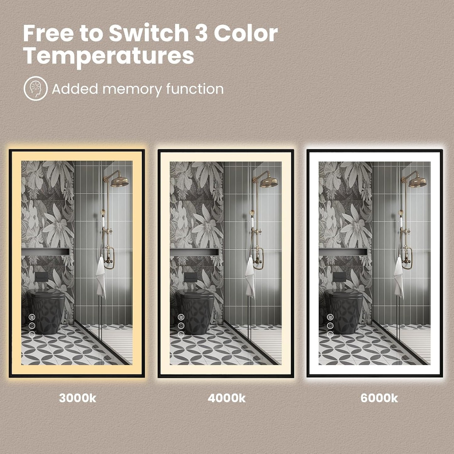 Amorho 48" X30" LED Bathroom Mirror with Black Frame, Front Light and Backlit(Controlled Separately), Stepless Dimmable, Anti-Fog, Shatter-Proof, 3 Colors, Memory