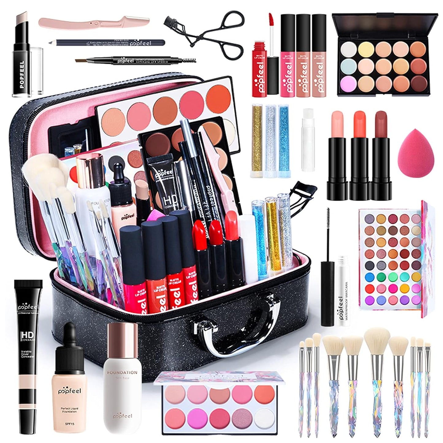All in One Makeup Bundle with Makeup and Reusable Waterproof Case, Ultimate Color Combination Eye Shadow Palette, Photo Finish Foundation, Lipstick Set, Multi-Use Concealer etc, Makeup Gift Set