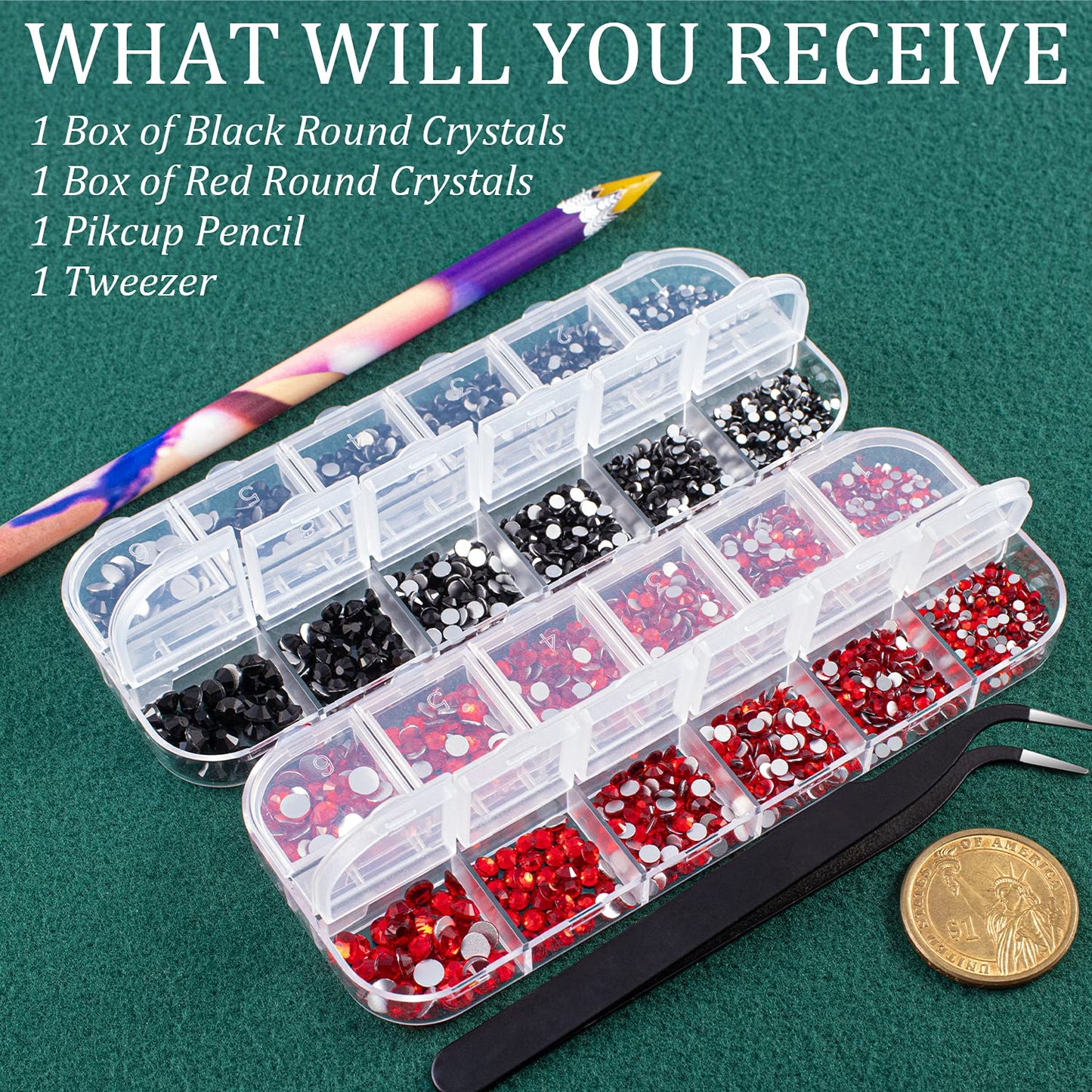 3440PCS 6 Sizes Black and Red Glass Crystal Kit with Pickup Pen + Tweezer Tools for Iridescent Shine Nail Art Manicure Makeup DIY Deco Flatback Round Bead Rhinestone Gem Jewelry Diamond