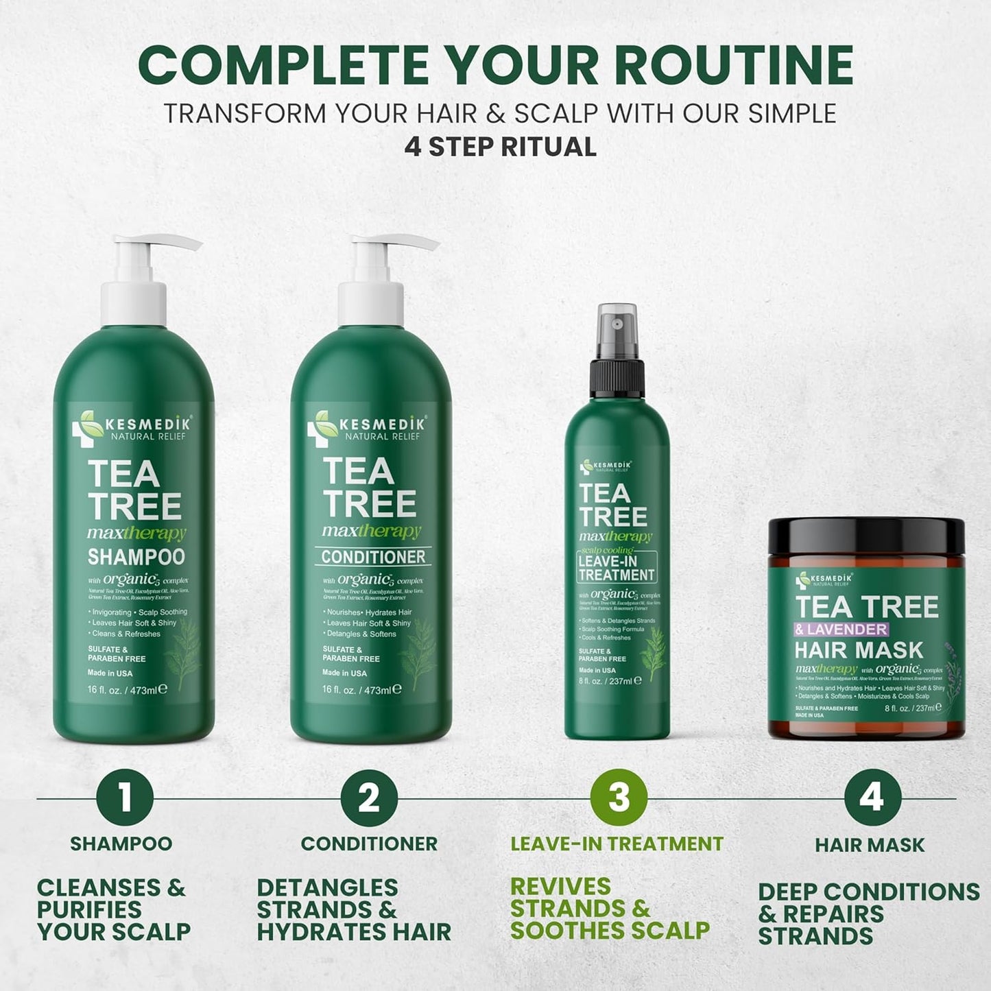 Tea Tree Oil Leave In Conditioner, Detangler Spray for Dry Damaged Hair, Frizz Control, Itchy Scalp Relief for Men & Women, Paraben & Sulfate Free.