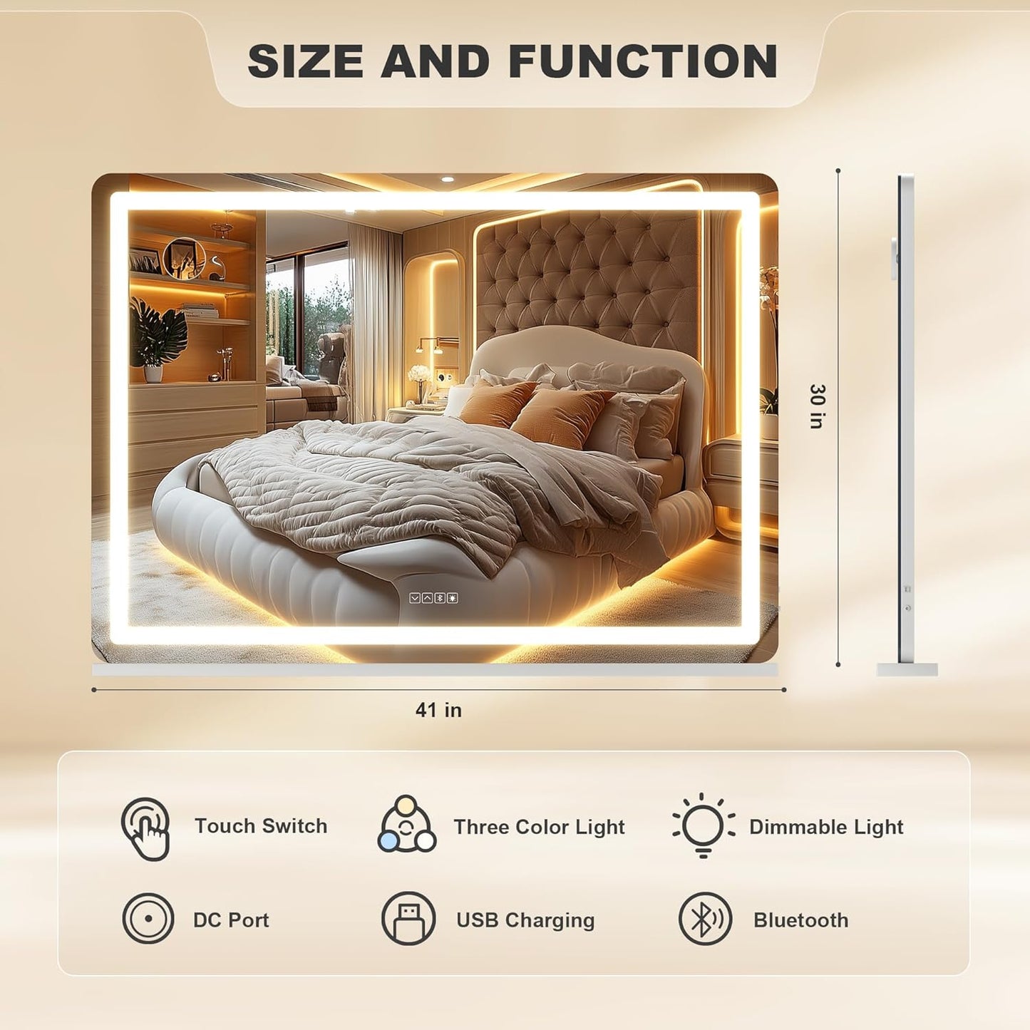 Hasipu Vanity Mirror with Lights and Bluetooth Speaker, 41.3" x 29.5" LED Makeup Mirror, Lighted Makeup Mirror with Dimmable 3 Modes, Touch Screen Control Vanity Mirror Round White