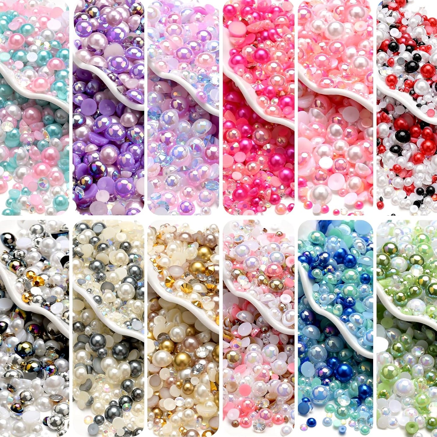 80g Mix Flatback Pearls and Rhinestones for Crafts Blue Mixed Size 2mm-10mm Half Round Pearls Rhinestones for Nail Art Tumblers Shoes DIY Bedazzling with Tweezers Wax Pen