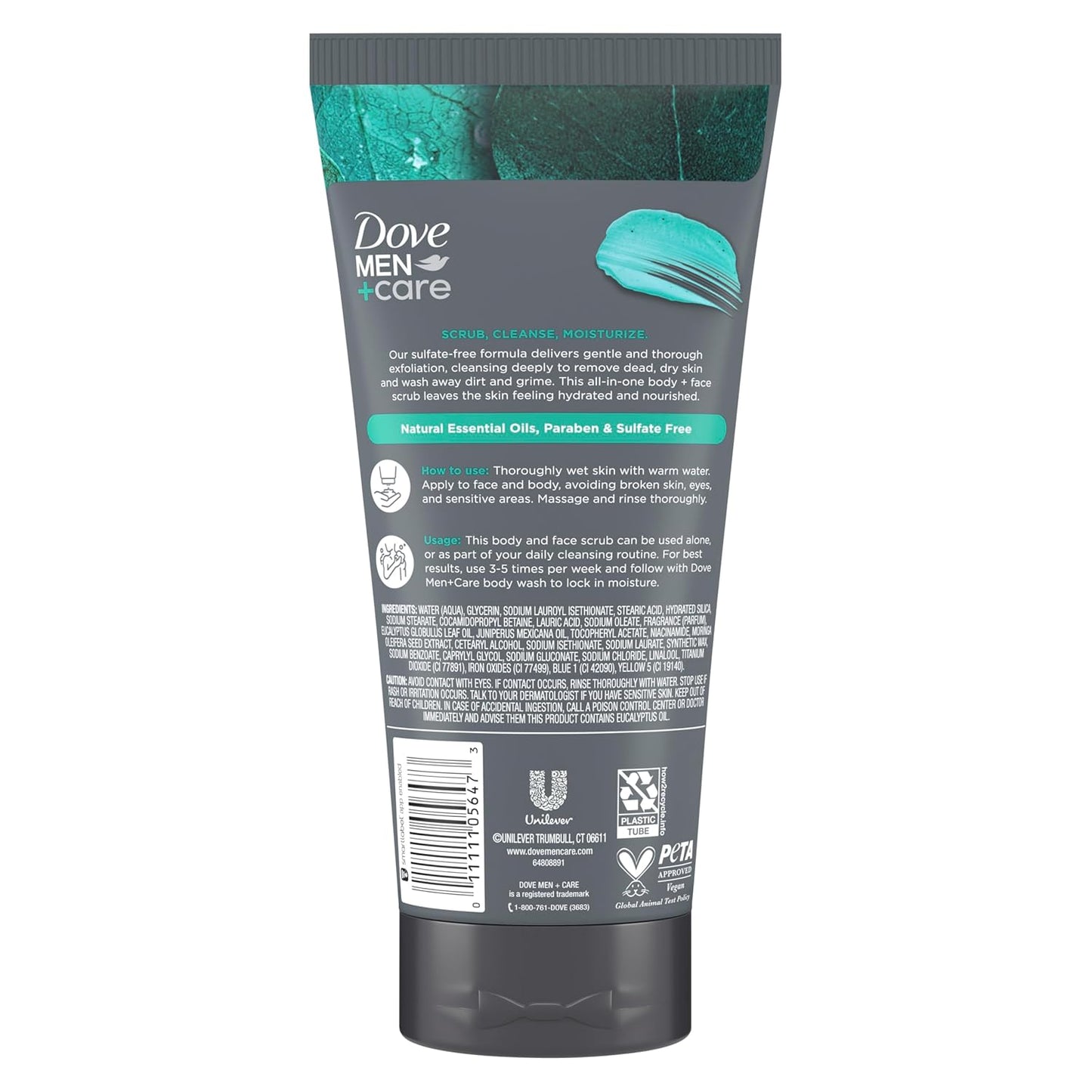 DOVE MEN + CARE Body and Face Scrub Eucalyptus Deeply Exfoliates for Hydrated & Nourished Skin 100% Gentle Cleanser, No Sulfate Cleansers or Parabens 9 oz