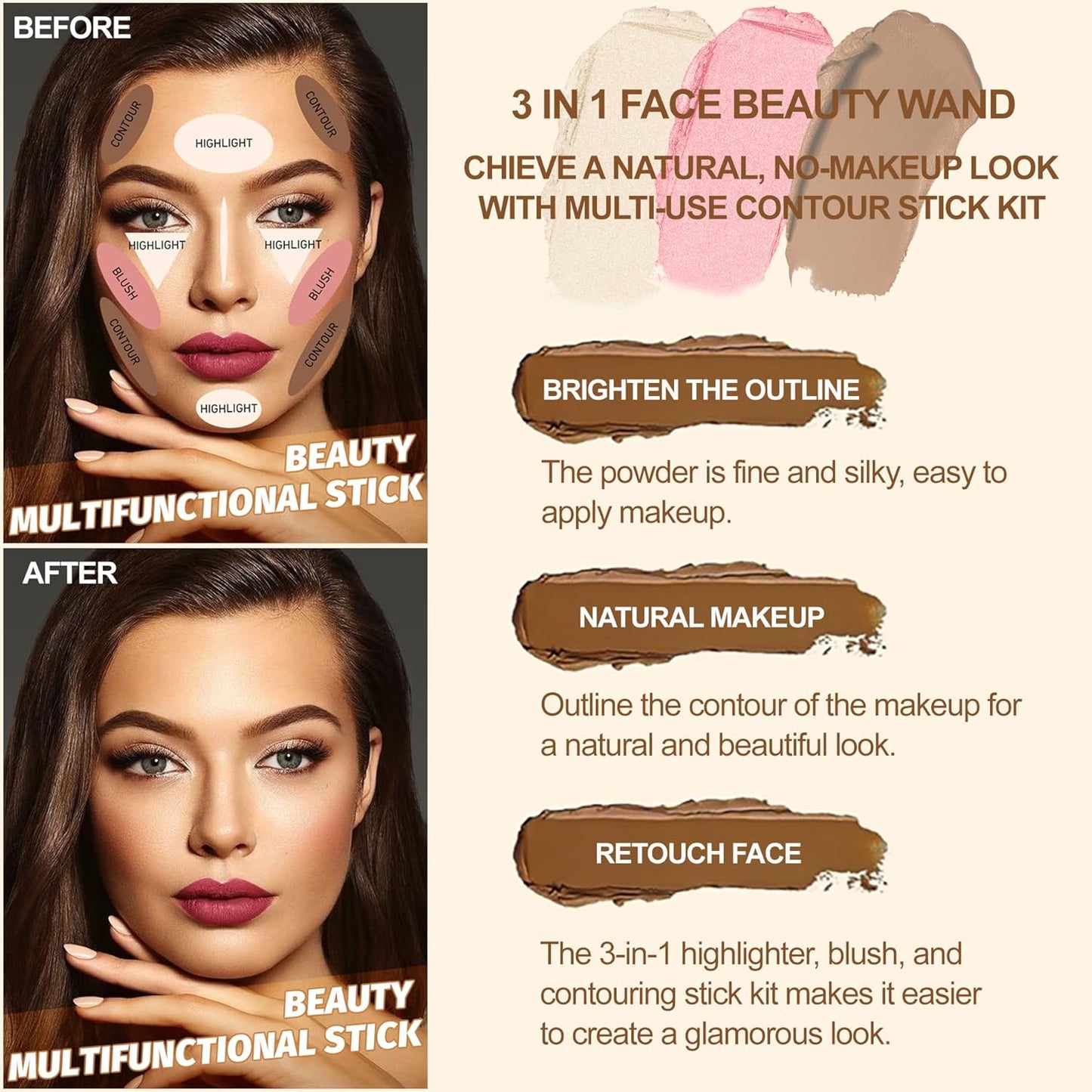 Lezero 3Pcs Contour Stick Makeup Kit, Shades with Highlighter, Blush and Bronzer Stick for Sculpt the Face and All Skin Type, Long Lasting, Smooth, Dewy & Matte Finish, MEDIUM TAN