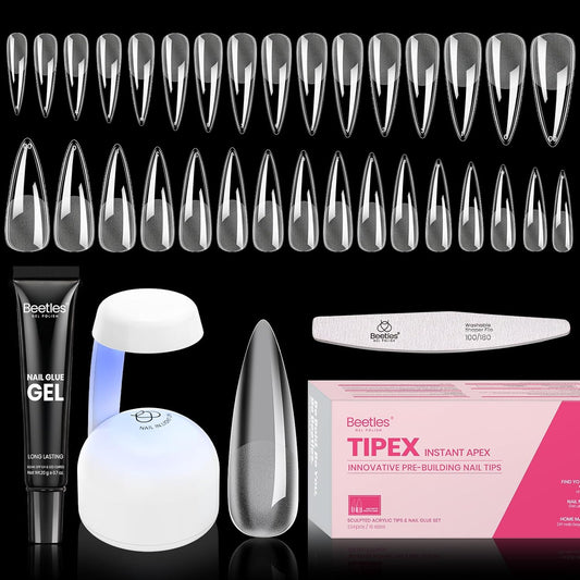 Beetles Tipex Instant Apex Nail Tips Kit Halloween Nails, Stiletto Long, 224pcs 16 Sizes, with Tipex UV Nail Glue Mini Nail Lamp,Pre-Building Pre-Etched Strong Thicker Acrylic Nail Tips Set