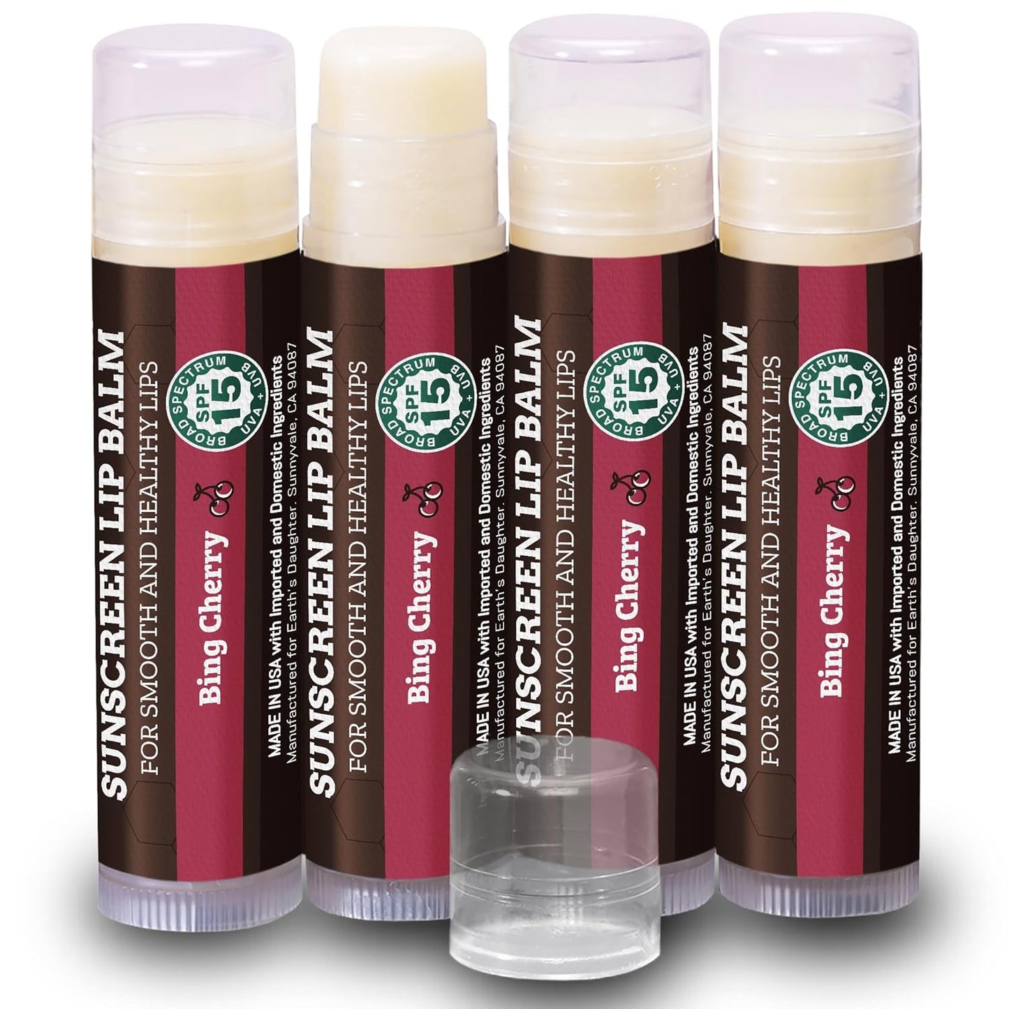 Earth's Daughter SPF Lip Balm Cherry Flavor 4-Pack - Lip Sunscreen, SPF 15, Organic Ingredients, Beeswax, Coconut Oil, Vitamin E - Hypoallergenic, Paraben Free, Gluten Free