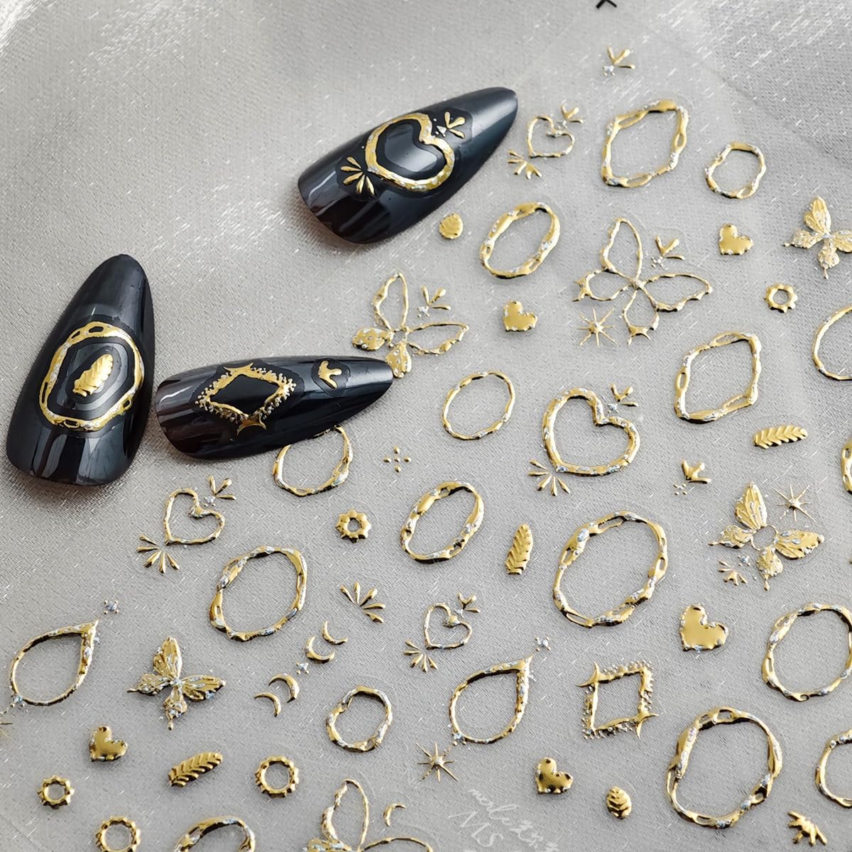 Gold Nail Art Stickers Butterfly Heart Nail Decals with Golden Design 5D Embossed Self Adhesive Nails Supply for Women Girls Kid Manicure DIY Decoration Accessories