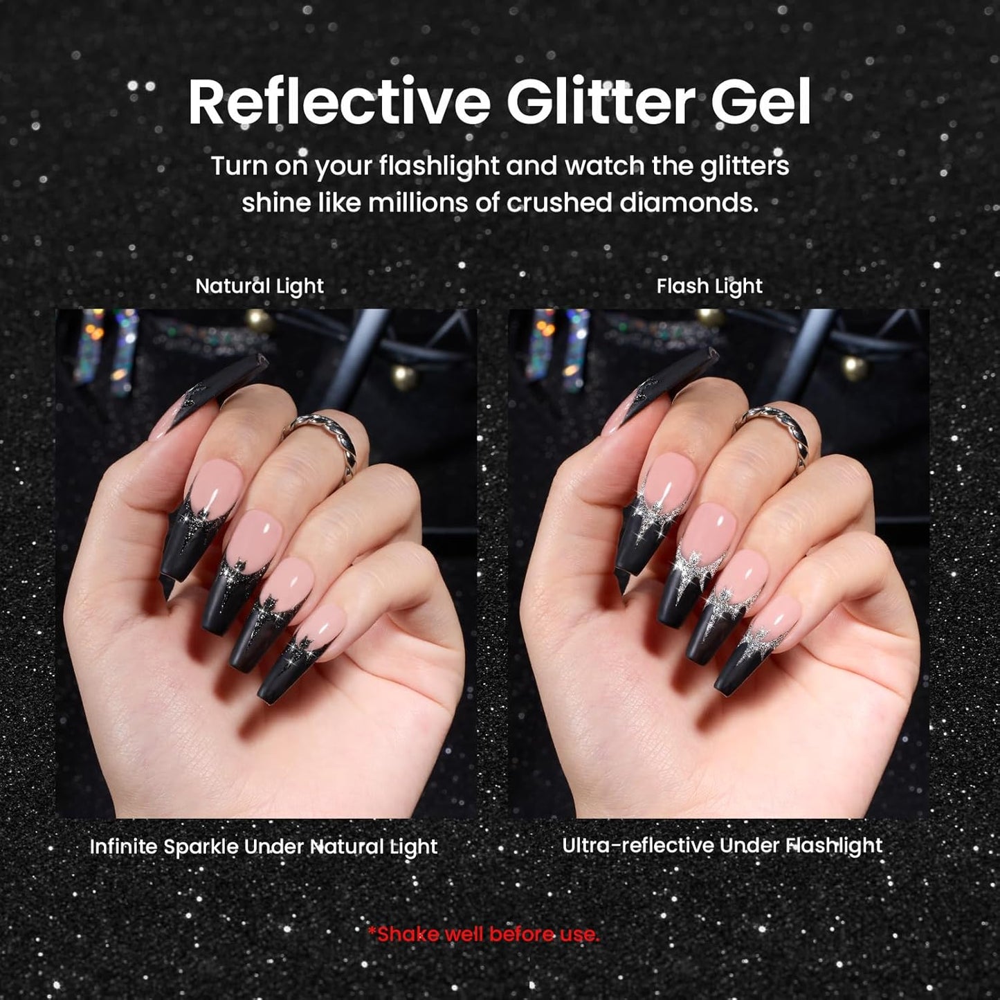 Beetles Reflective Glitter Gel Polish, 2 Pcs Liner Gel Nail Polish Set Black Silver Nail Art Gel Glitter Gel Nail Polish Diamond Shinning Liner Nail Art Design Gifts for Women New Trend