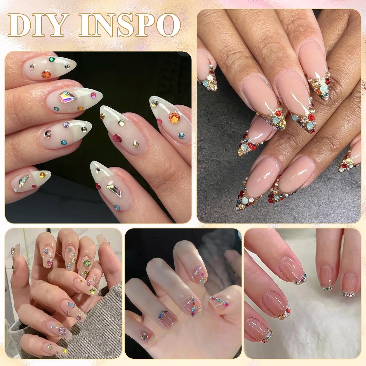 1.2-3 MM 4700 PCS Muliti Shape Colorful Rhinestones for Nail Art, 3D Resin Flatback Bedazzling Gems Mini Flower Bow Heart Star Butterfly, Gems Kit with Tweezers, Pickup Pencil and 15ML Nail Glue