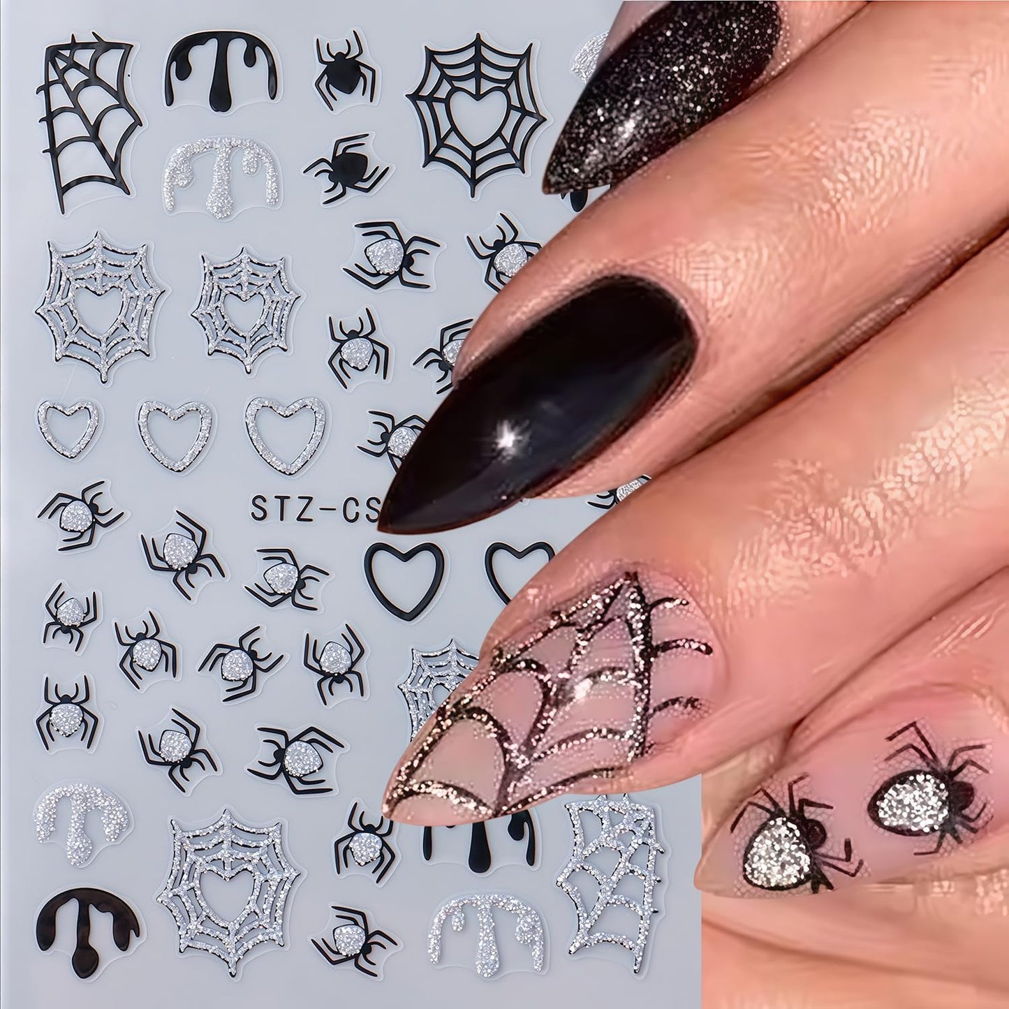 8 Sheets Halloween Nail Art Stickers 3D Self-Adhesive Shiny Gold White Silver Spider Web and Spider with Glitter Nail Art Design Sticker Festival Spiders Nail Stickers for DIY Manicure Decoration