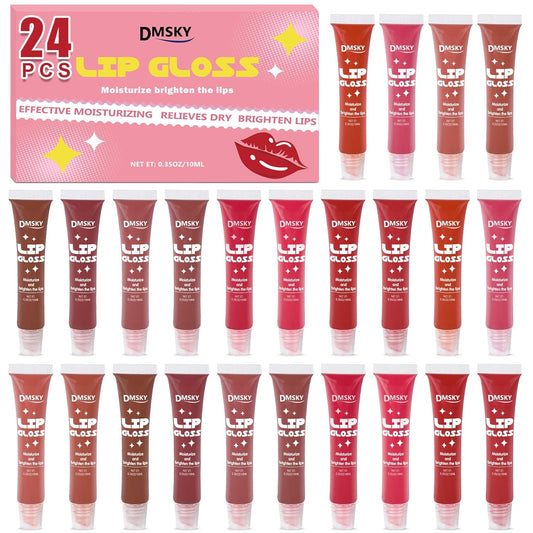 Dmsky 24 Pack Lip Gloss Set, 12 Colors Lip Oil for Dry Cracked Lips, Moisturizing Lip Balm Infused with Vitamin E for a Sheer Tint Of Color