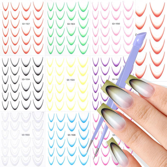 9 Sheets Colorful French Tip Nail Stickers, Gradient French Line Nail Art Stickers with Tweezer, French Tip Nail Decals 3D Self-Adhesive Nail Tips Guides for Women Manicure Decoration