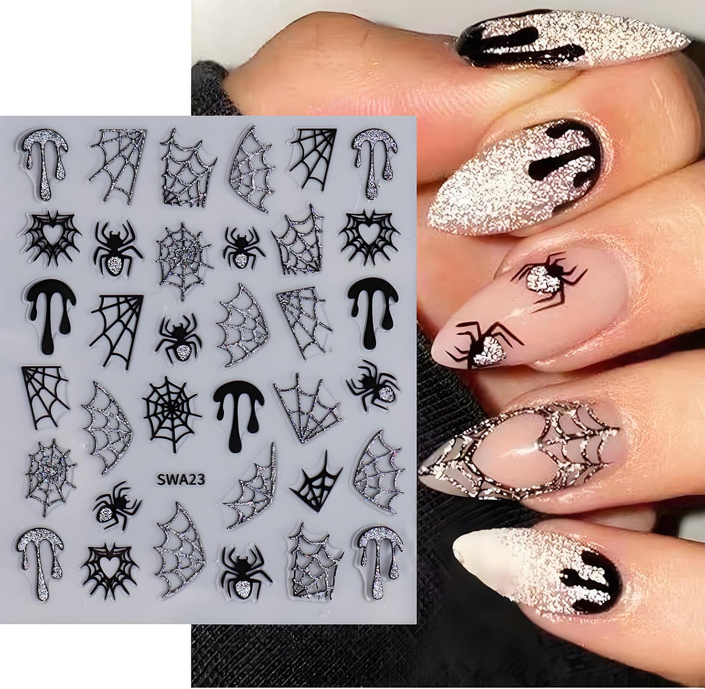 Halloween Nail Art Stickers, Glitter Spider Web Nail Art Decals 3D Self-Adhesive Black Gold Silver Heart Star Moon Nail Design 5Pcs Halloween Nail Art Supplies for Women Nail Decoration