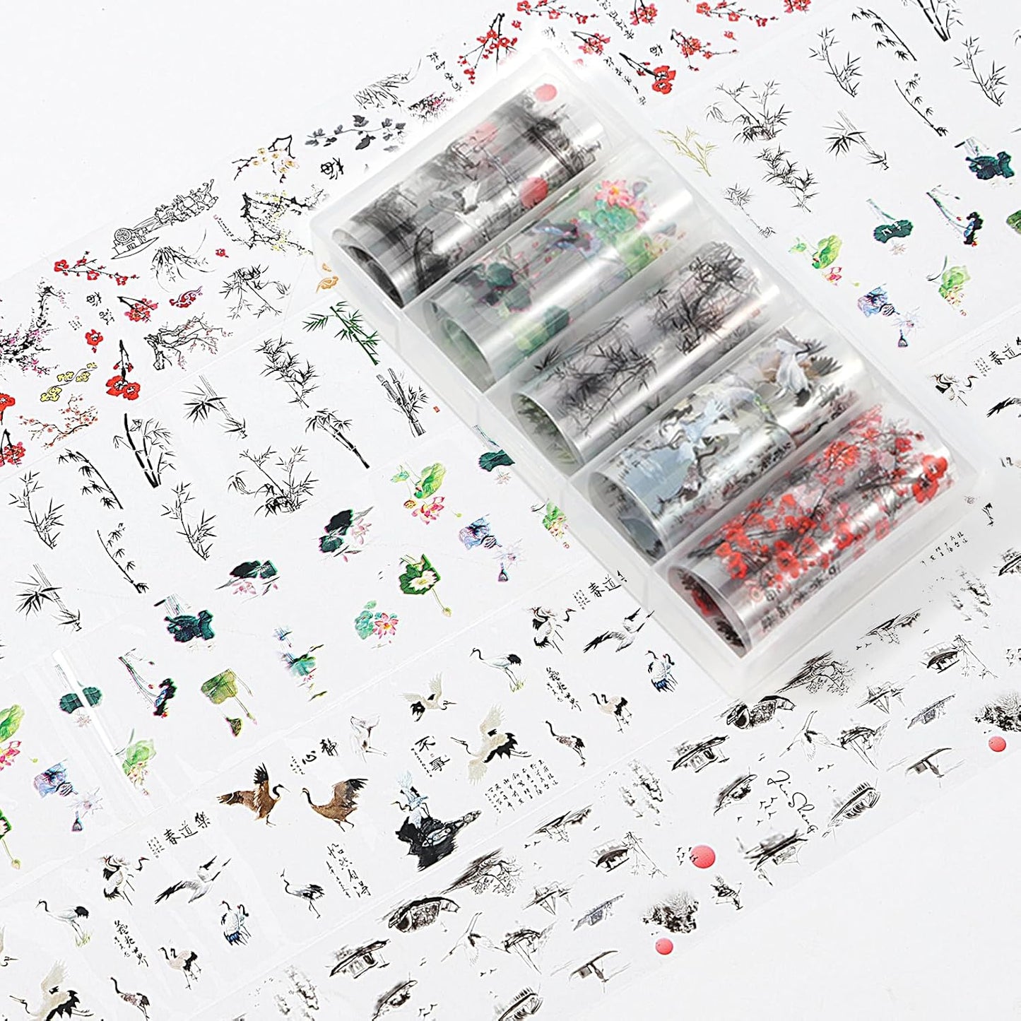 DANNEASY 30 Rolls Nail Art Foil Transfer, Landscape Painting Nail Foil Wraps Bamboo, Flowers, Cranes, Plum Blossoms Stickers Starry Sky Holographic Nail Foils for Women Nails Supplies