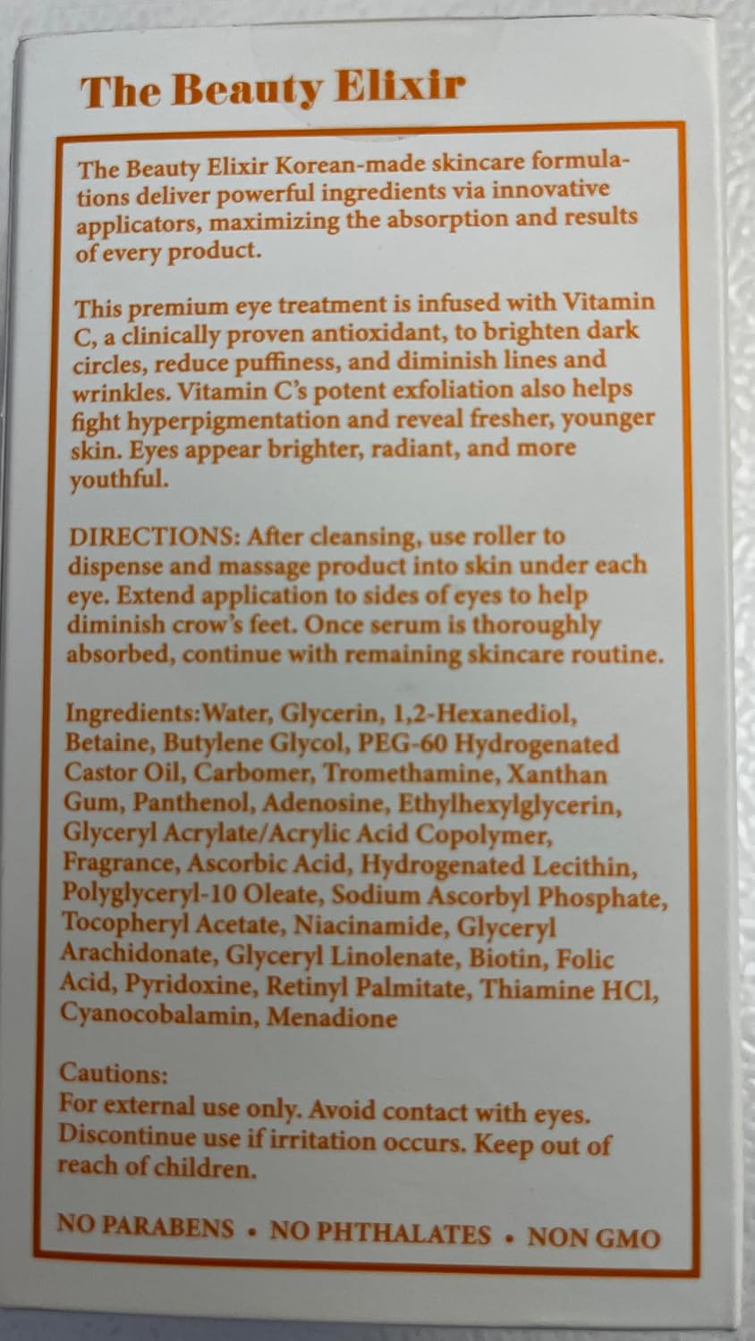 Beauty Elixir Vitamin C Under Eye Roller Serum for Dark Circles and Puffiness - Reduce Wrinkles and Fine Lines, Bags under eyes