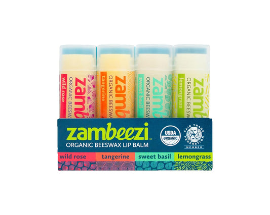 Fair Trade, Organic Beeswax Lip Balm - CORE 4 Pack (Wild Rose, Tangerine, Sweet Basil and Lemongrass) - Ethically Sourced
