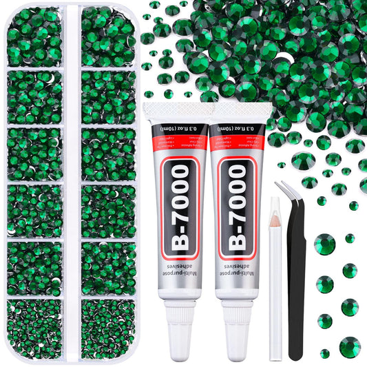 6100Pcs Resin Rhinestones for Crafting with 2Pcs 10ml B7000 Jewelry Glue, 1 Box Flatback Crystals Diamond (Emerald Green) for Bedazzling Crafts DIY Nail Art Non Hotfix Gems for Clothing Shoes